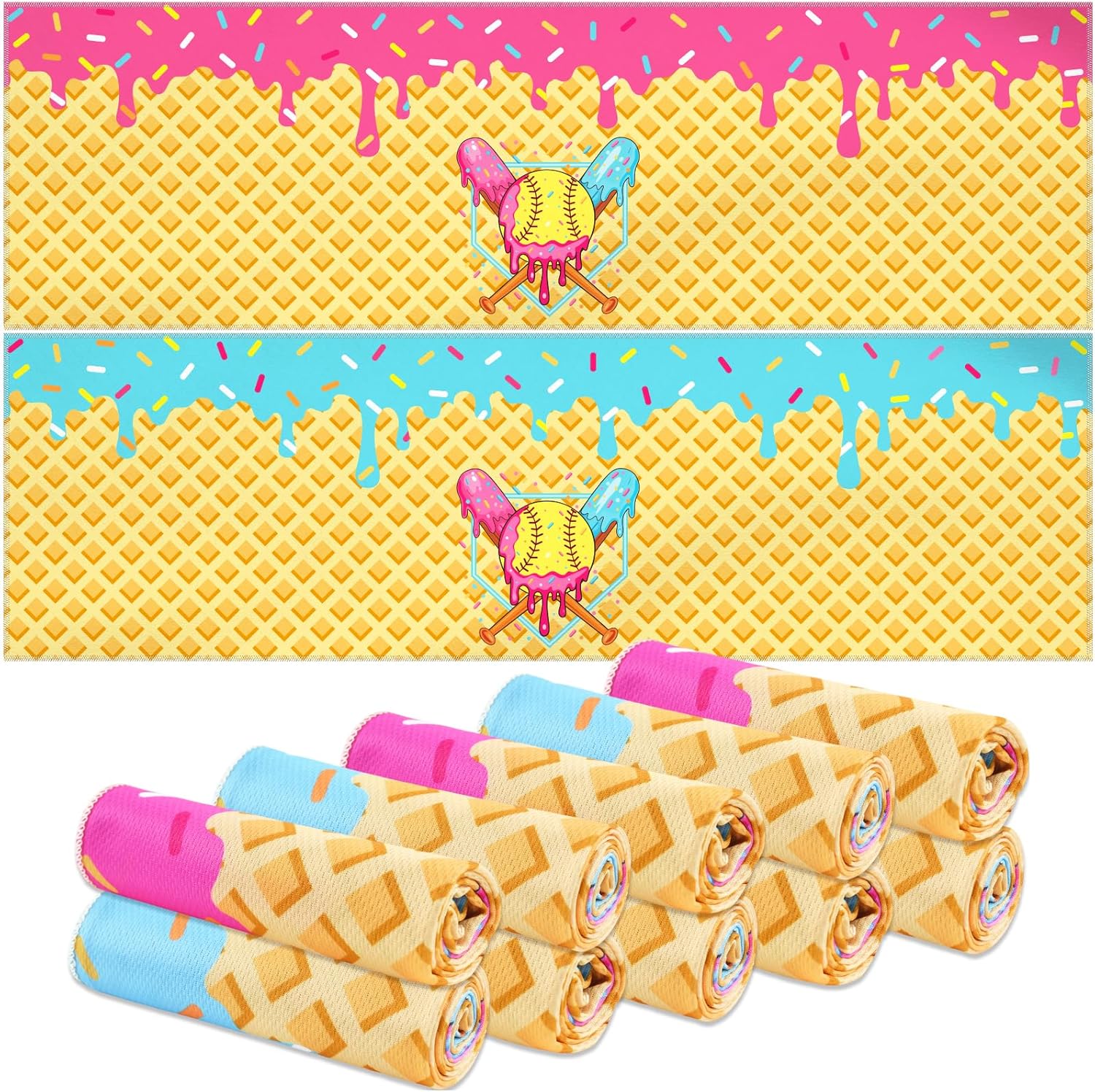 Set of 12 Softball Ice Cream Drip Cooling Towels 40"x12", Sweat Absorbent Cooling Towels for Coach & Team Gifts, Youth Sports, Gym, Beach, Pool & Hot Weather Party Favors