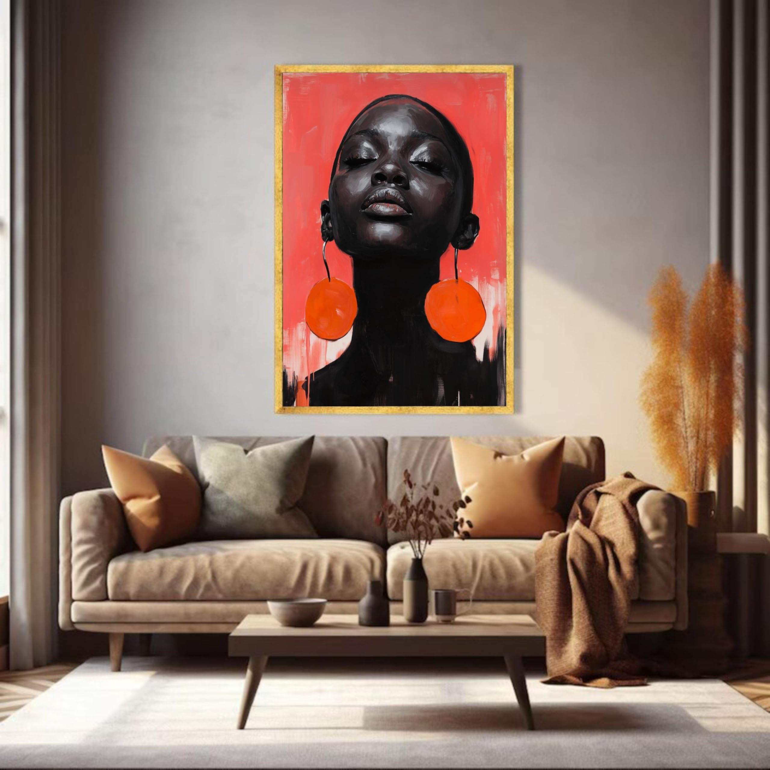 XINBAO Portret czarnej kobiety na płótnie, nowoczesna sztuka, pomarańczowy kolczyk druk, duży obraz na płótnie do dekoracji wnętrz (50x75 cm/wewnętrzna rama)