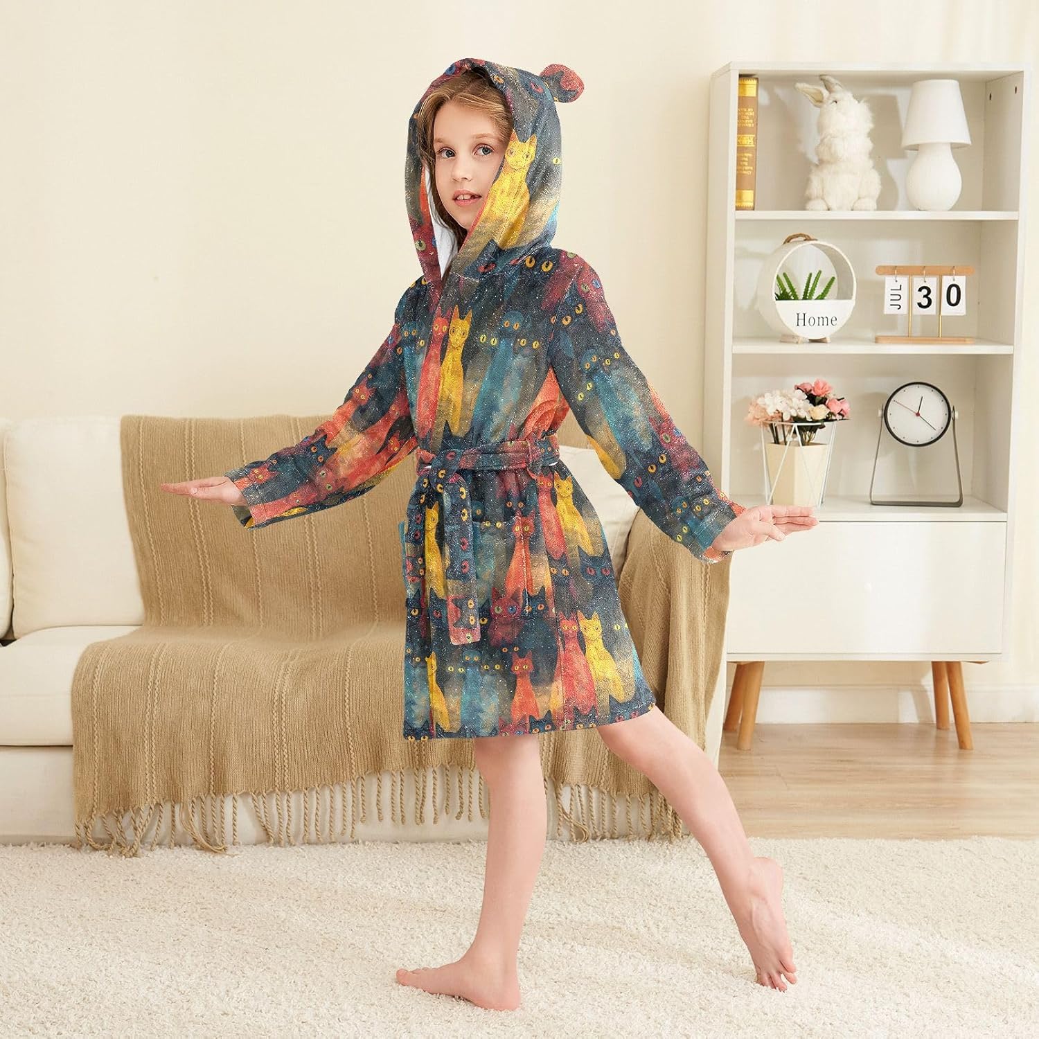 senya Cats Nebula Background Comics Toddler Hooded Bathrobe Kids Soft Plush Bath Towel Robes for Boys Girls 2-12 Years