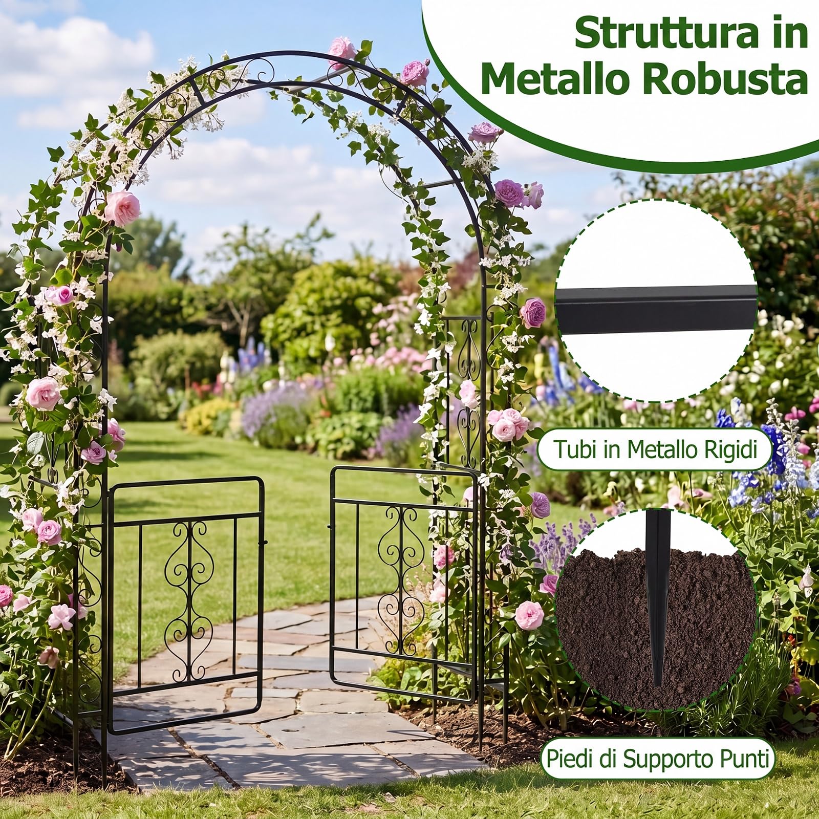 COSTWAY Arco da Giardino con Cancello, Pergolato per Piante Rampicanti | Pergola Decorativa in Metallo con Piedini a Punta e Chiusura, per Rose, Viti e Fiori da Matrimoni e Feste, 135x60x213 cm
