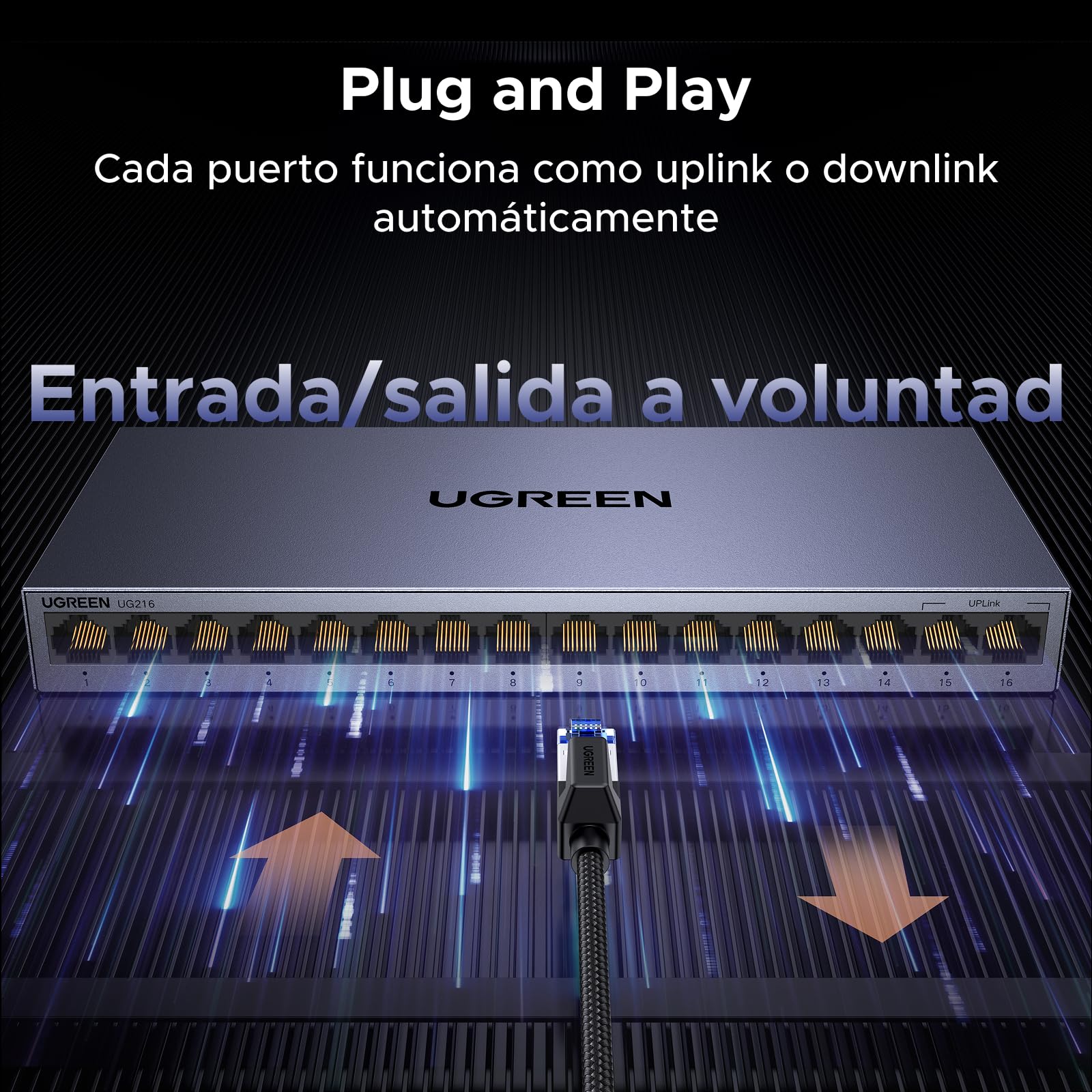 UGREEN Switch Gigabit 16 Puertos Velocidad Automática de 10/100/1000 Mbps | No Gestionado RJ45 Plug and Play VLAN Carcasa Metálica Conmutador Ethernet para TV Laptop Switch Router Monitor