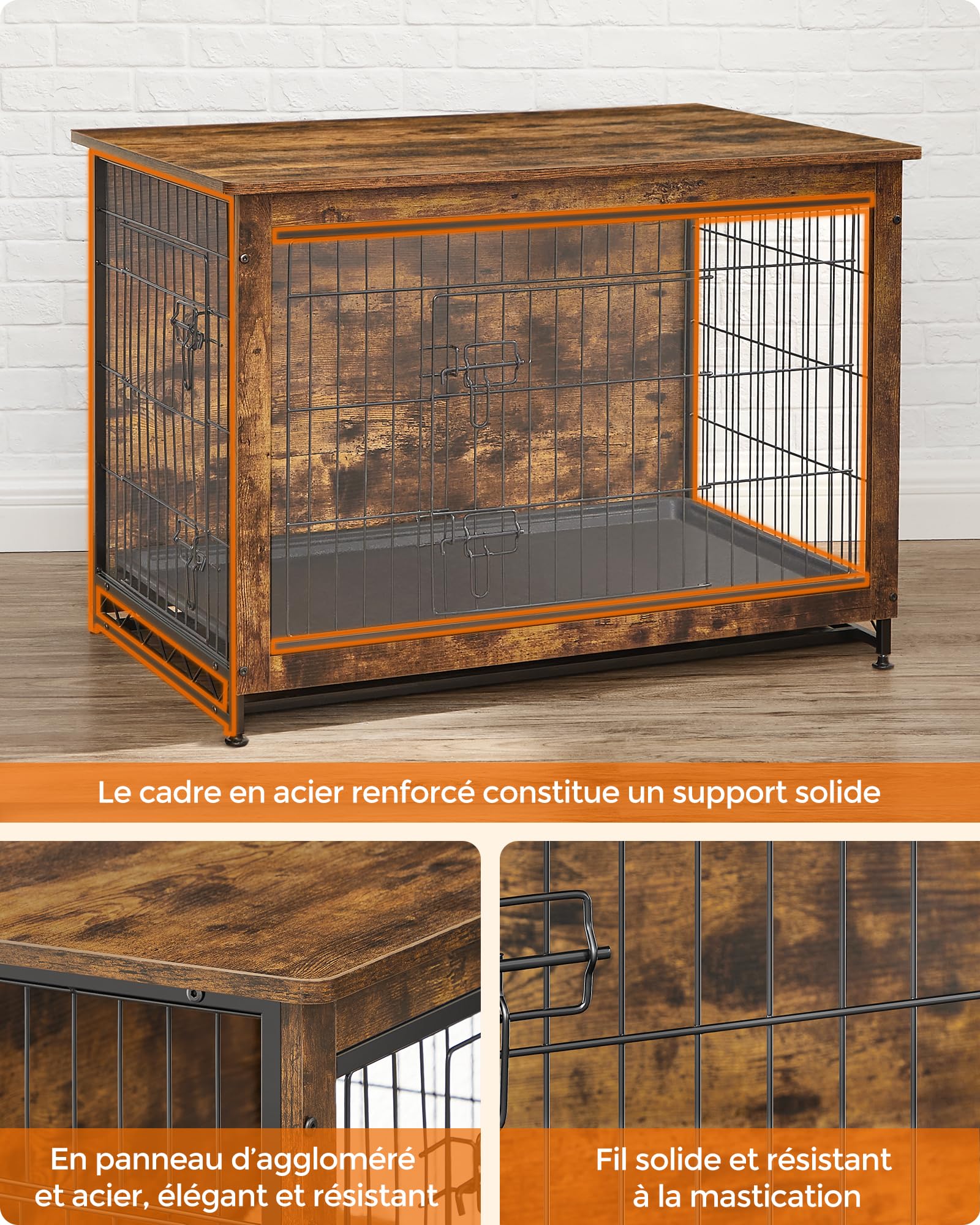 Feandrea Cage pour Chiens, Table d’Appoint, Niche Moderne pour Chiens Jusqu’à 32 kg, Cage pour Chiots, Plateau Amovible, Maisonnette pour Animaux, 2 Portes, Marron Rustique PFC003X01