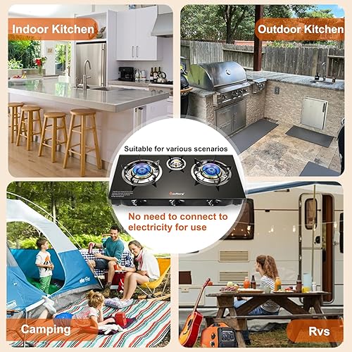 Miniatura 7 de Estufa de propano Estufa de gas de 3 quemadores, 34000 BTU de alta eficiencia con encendido automático de GLP de vidrio templado con regulador CSA y