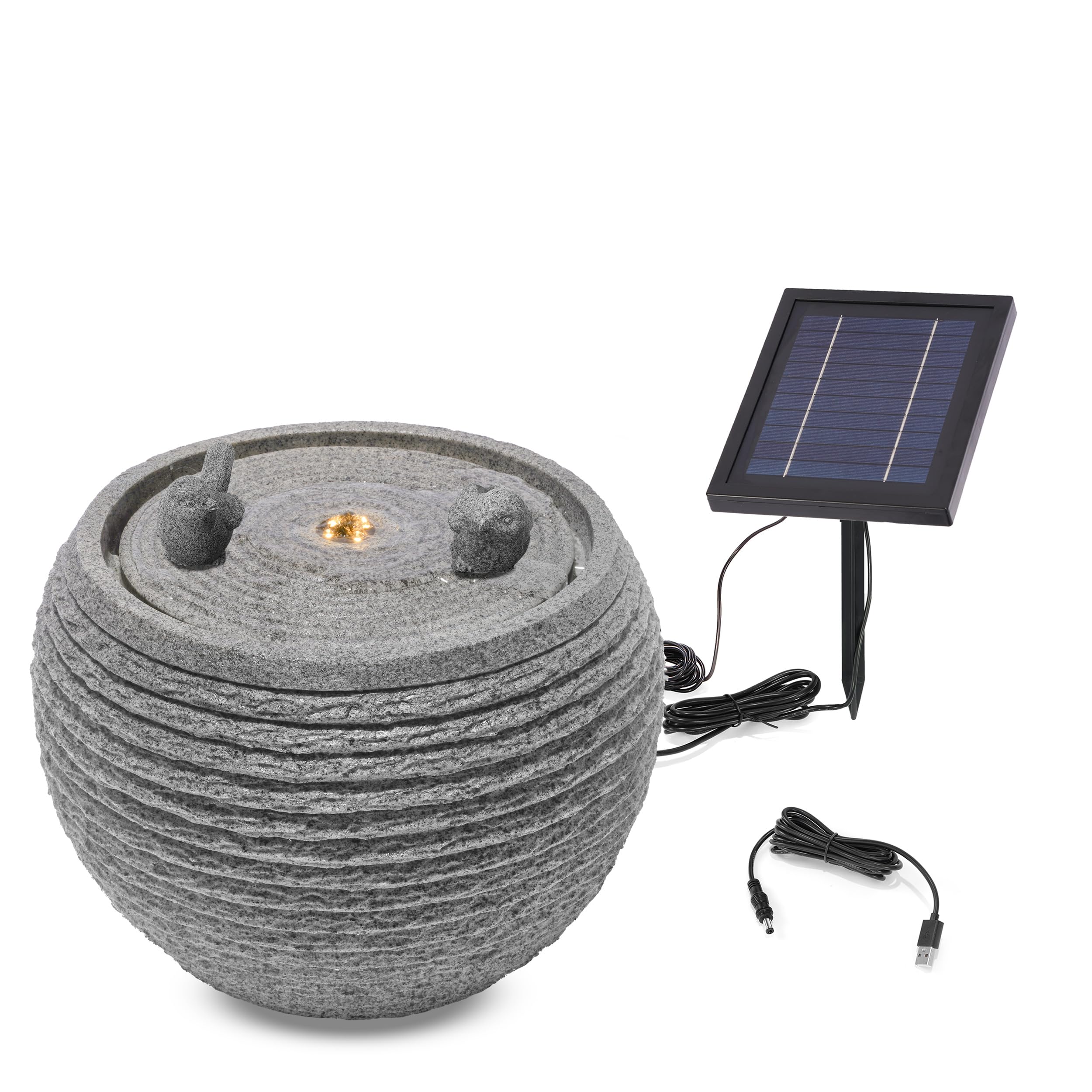 esotec Springbrunnen Wasserbrunnen mit LED Beleuchtung Vogelpaar, Komplettset, USB-Ladung, Timer, Solarmodul, Akku, LED-Licht warmweiß, 5m Kabel, Erdspieß und Wandhalterung Outdoor 101370