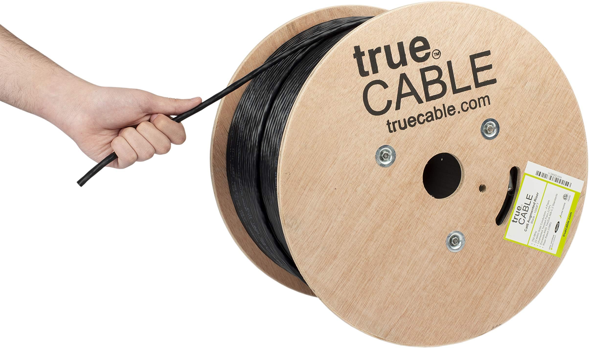 TRUE CABLE Cat6A Riser (CMR), Bulk Ethernet Cable, 1000ft, Black, 23AWG Solid Bare Copper, Unshielded Twisted Pair (U/UTP), 750MHz, PoE++ 100W, ETL Listed