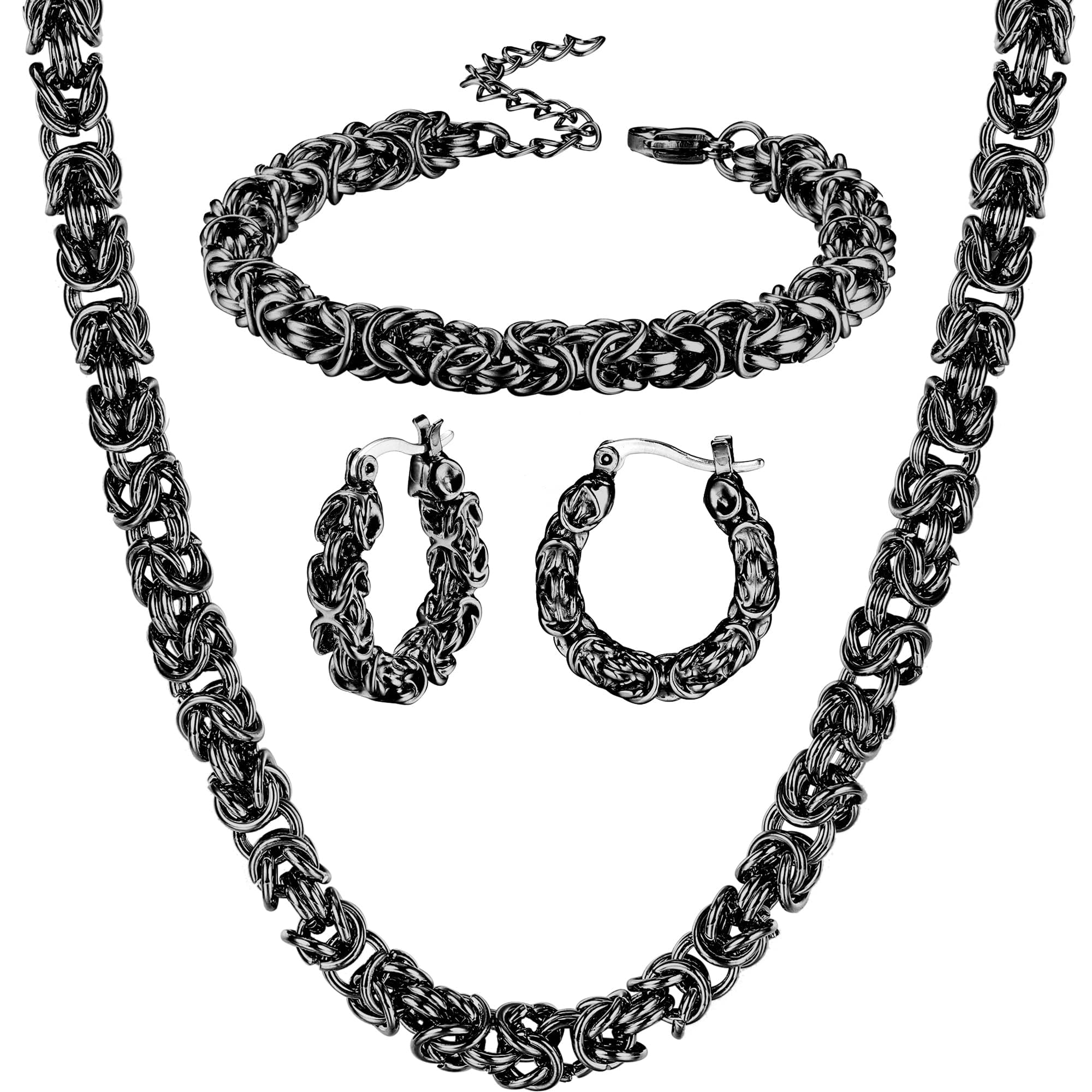 BESTEELStainless Steel Byzantine Chain Necklace Bracelet Earrings for Women Jewelry Set