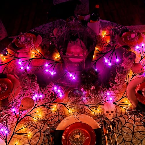 Miniatura 2 de Guirnalda de decoración de ramitas de sauce de Halloween de 6 pies con 57 luces LED con temporizador, 9 calabazas y 7 murciélagos, impermeable,