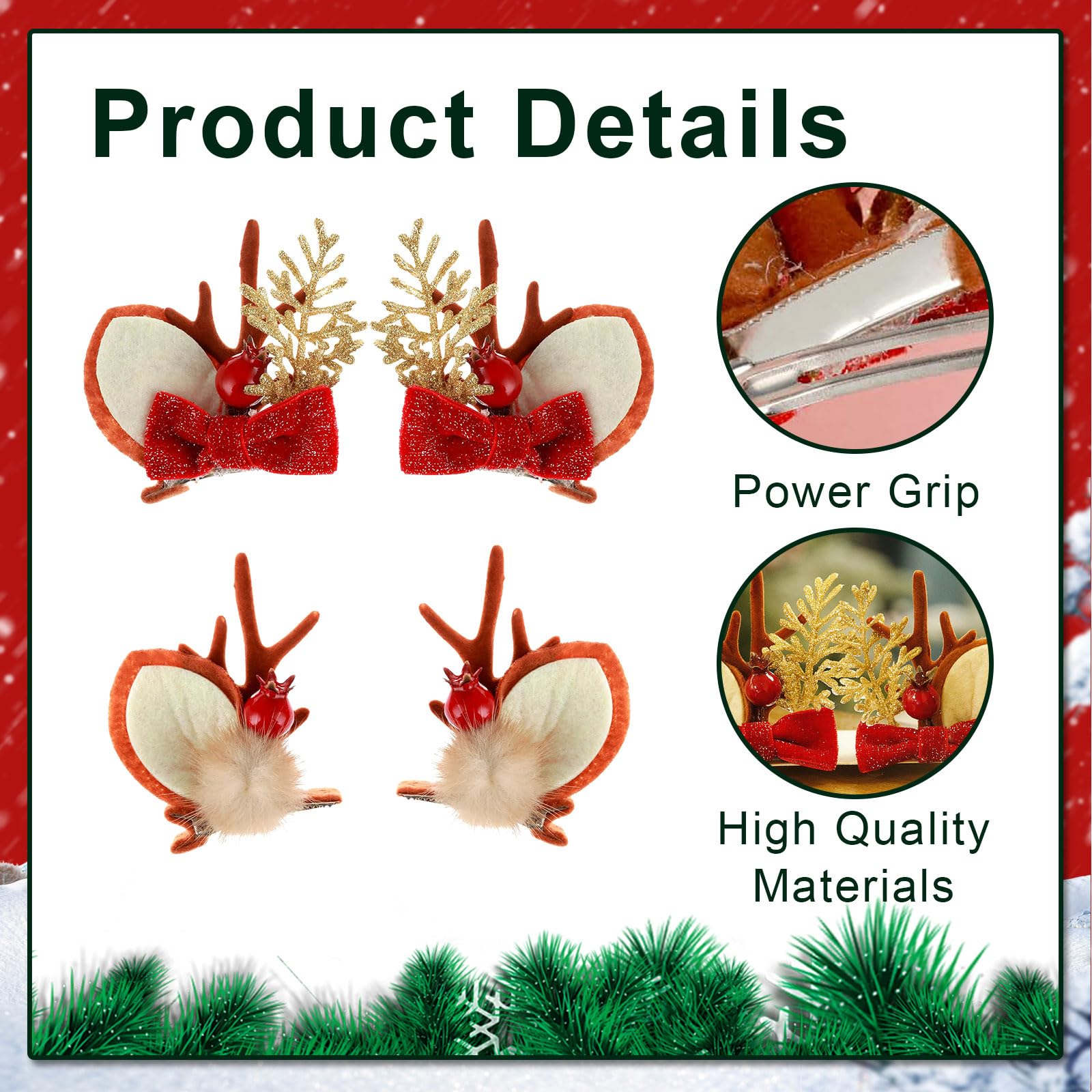 4PCS Reindeer Antlers Christmas Hair Clips,Christmas Hair Accessories Hairpin,Cute Girl Christmas Day Hair Clip,Elf Deer Ear Antlers Headdress for Women Kids Adults and Party Favors Ornament Gift - Image 3