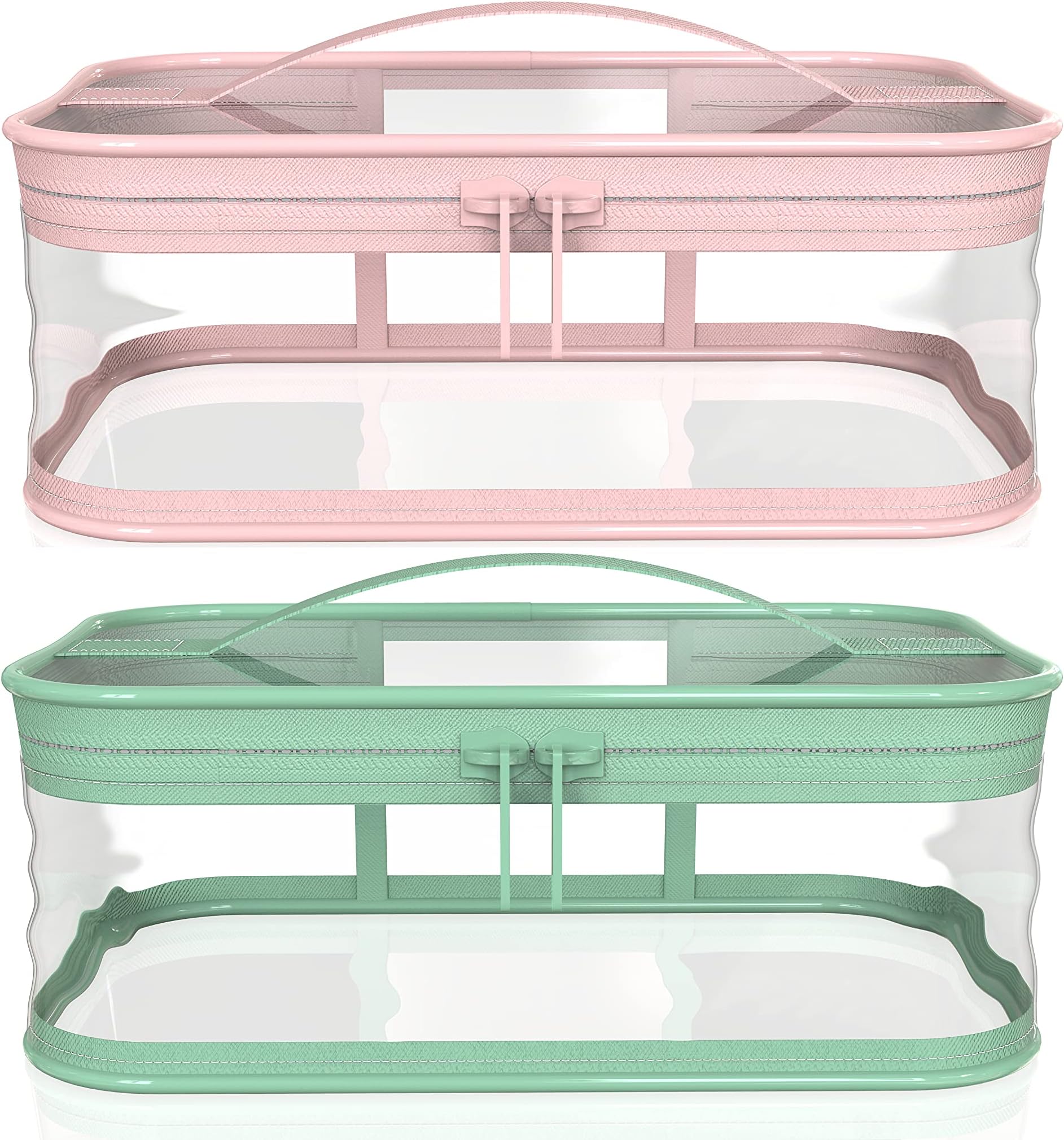 WANBAO2 Pcs Transparent Makeup Bag Zipper Waterproof Portable Travel Storage Pouch, Pink Green