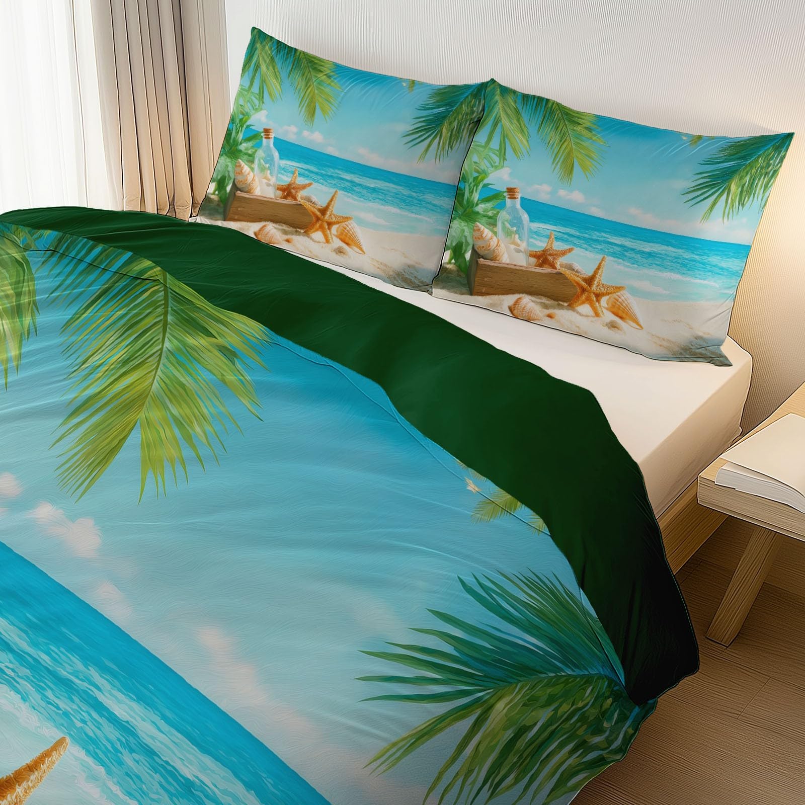 Komplet pościeli z motywem natury, plaża, niebo, zielona, zestaw pościeli z mikrofibry, dla nastolatków, dziewczynek, do pokoju, 240 x 260 cm, poszewka na kołdrę z zamkiem błyskawicznym