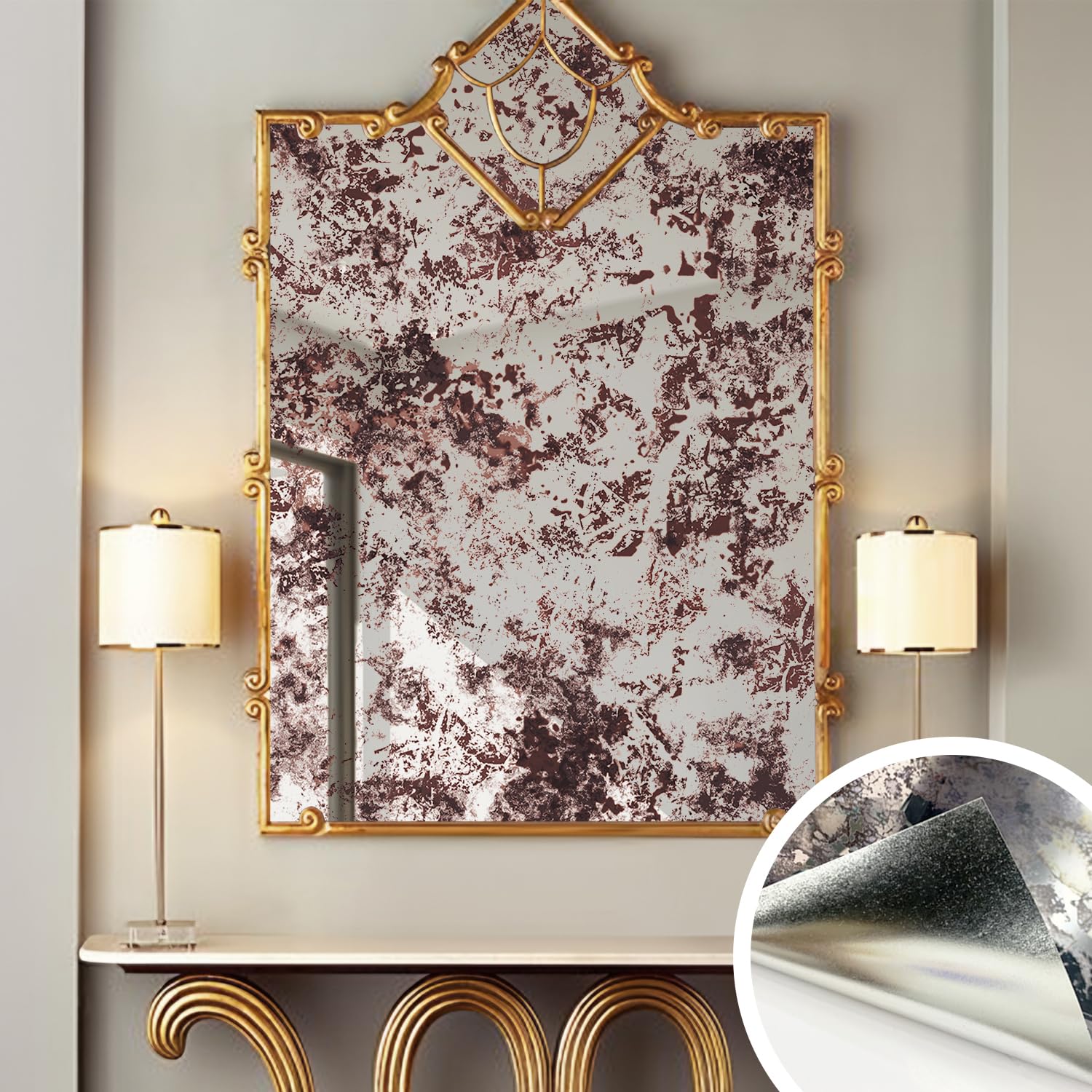 Papier peint vintage miroir antique pour rénover un meuble abîmé sans peinture 58x200cm