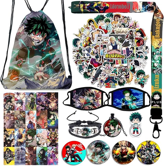 My Hero Academia Merch Gift Set -1 drawstring pouch / 50 sheets of stickers / 4 buttons badges / 1 mobile phone ring holder / 1 key fob / 20 Lomo cards / 1 bracelet / 1 necklace / 1 lanyard