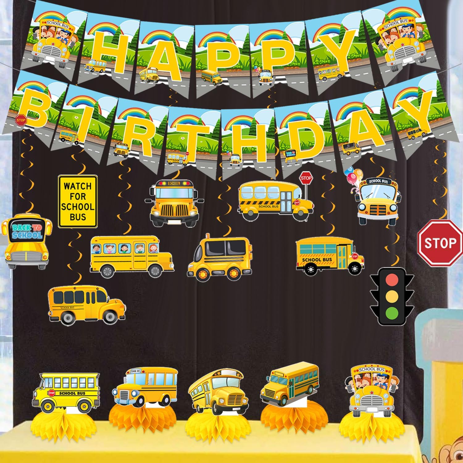 Wheels On The Bus Party Decorations Yellow School Bus Birthday Party Decor Supplies Includes Happy Birthday Banner Hanging Swirls Cute Back to School Honeycomb Centerpiece