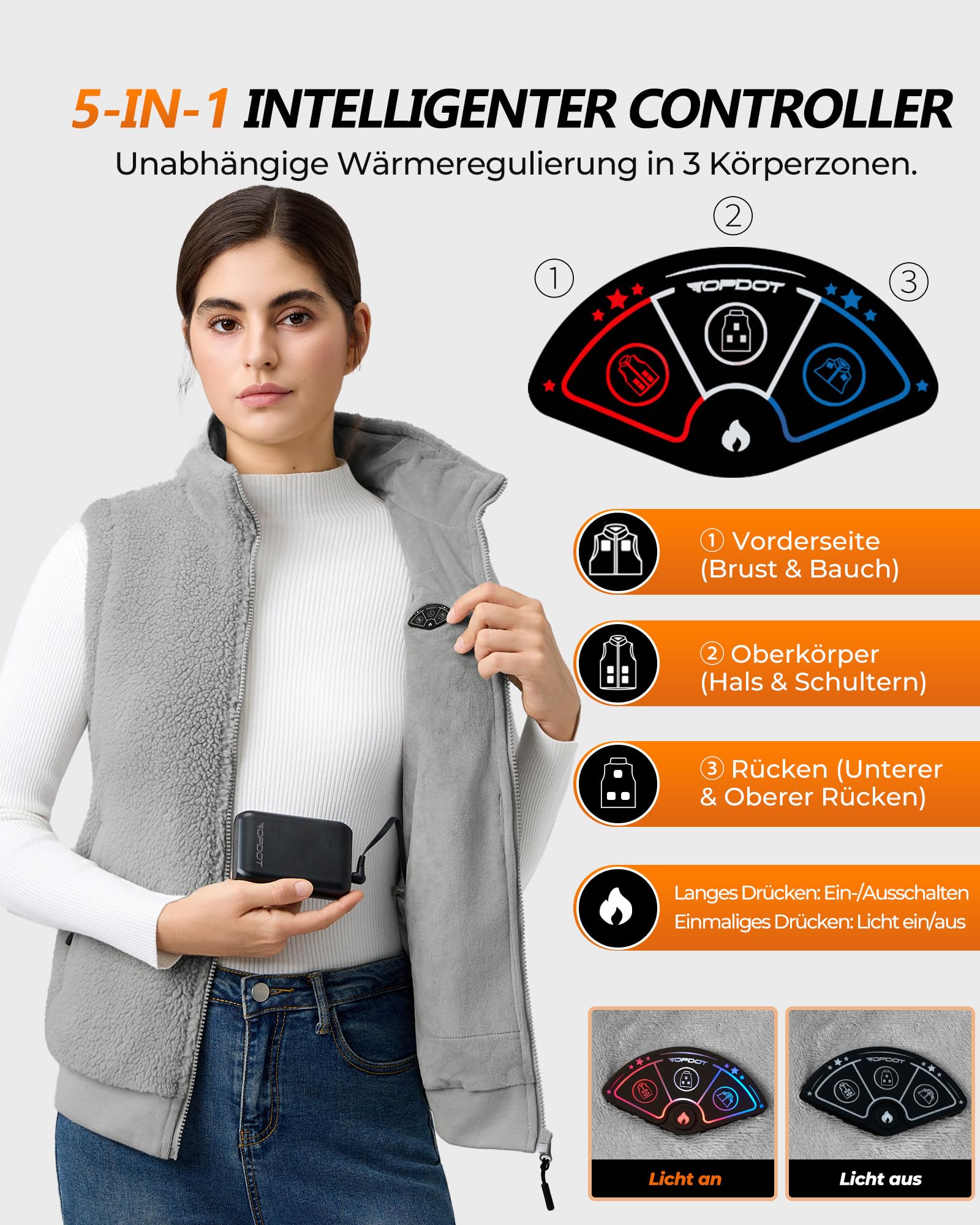 Topdot Fleece Heizweste Damen mit Powerbank 7.4V 16000mAh, 10 Heizzonen | Leicht Beheizbare Weste mit 3 Temperaturstufen, Geschenk für Radfahren, Camping, Outdoor-Arbeit im Winter, grau S