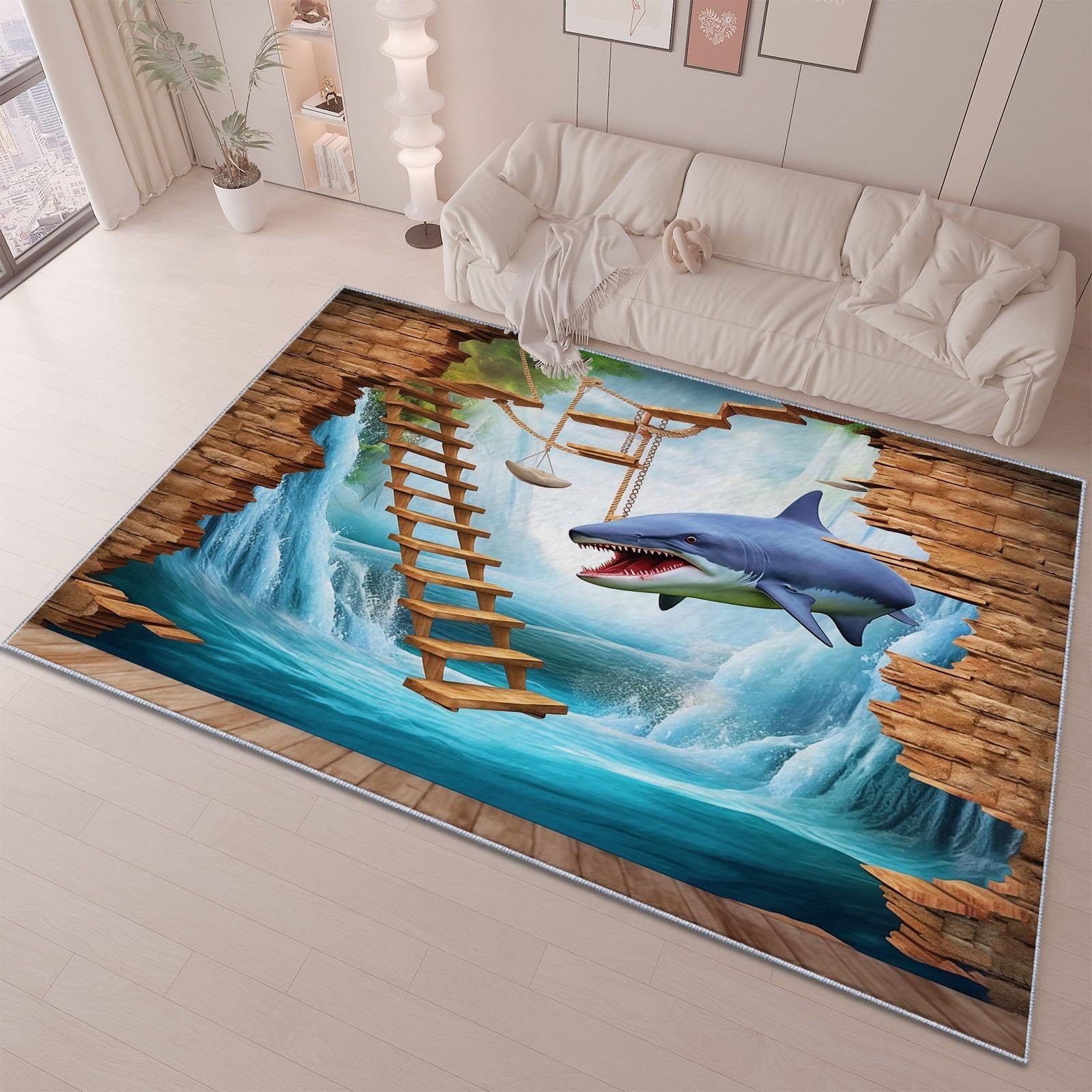 Tapis chambre salon décor motif cascade requin 3D immersif