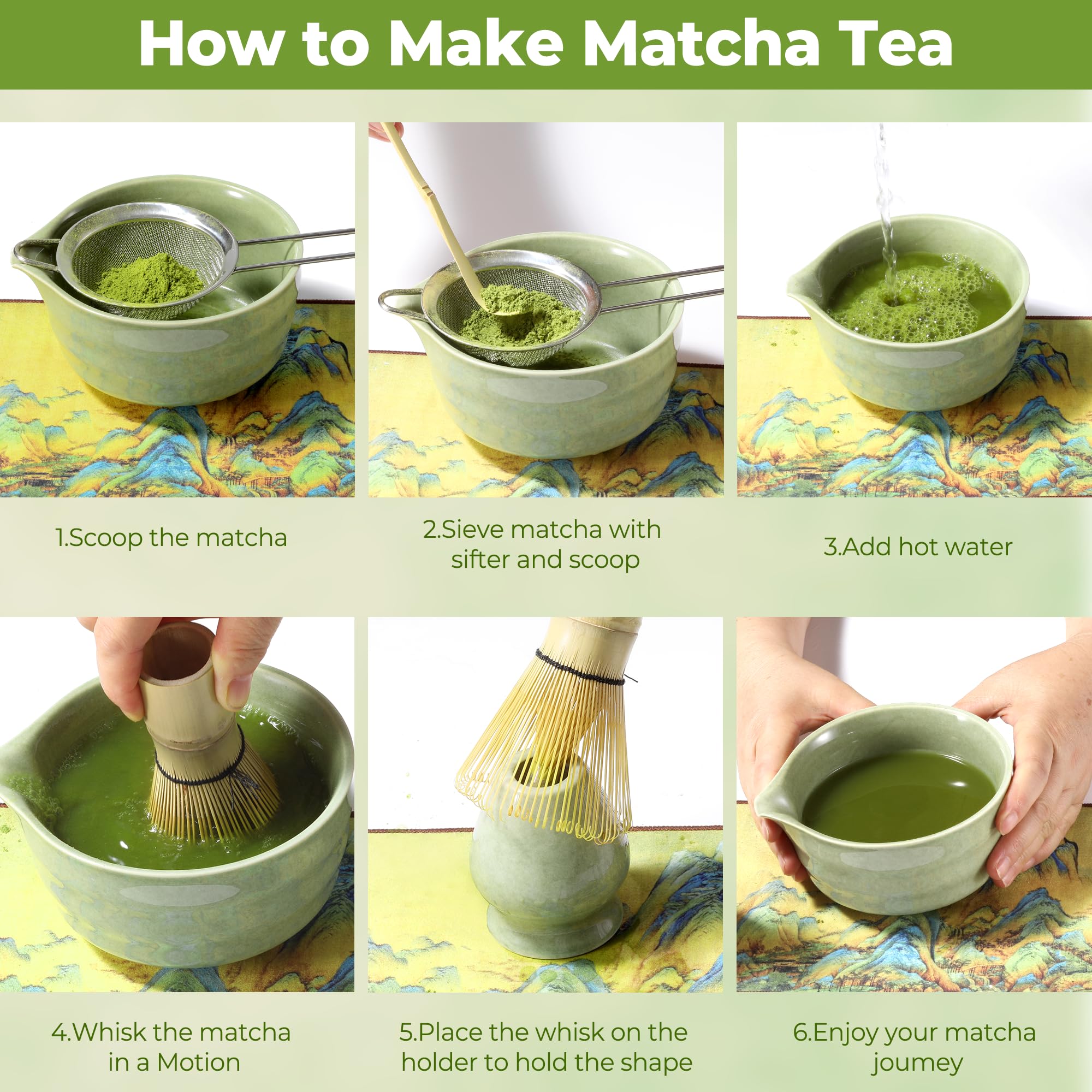Te Matcha Kit 7 Piezas Matcha Set, con Batidor Matcha, Pala, Cuenco, Portabatidor, Tamiz de Matcha Accesorios para Kit Te Matcha Completo Ideal para el hogar, la oficina y como regalo