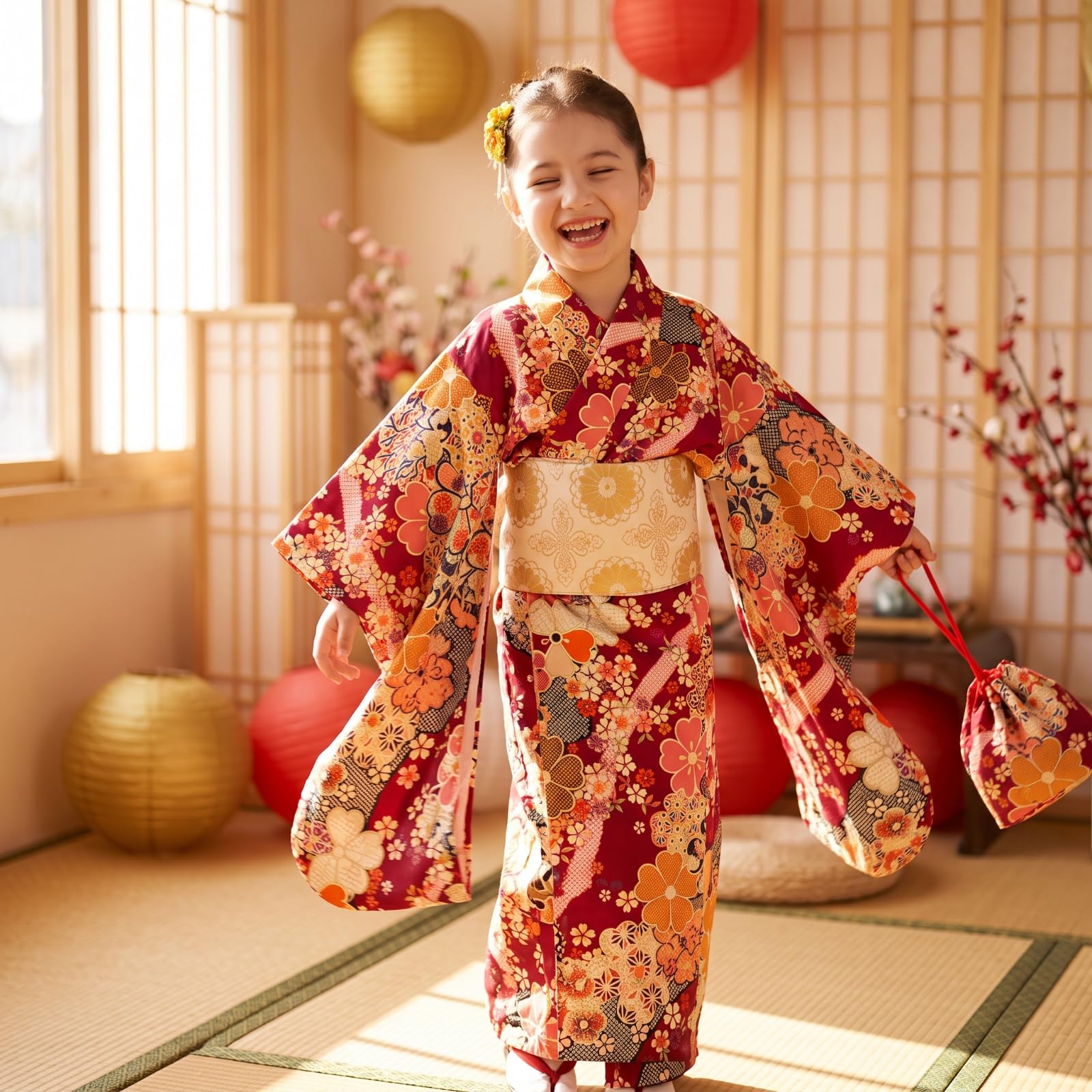 Costume Kimono Bambini Kimono Robe Cintura Obi Borsetta Accessorio Capelli in Poliestere con Maniche Ampie E Chiusura Regolabile Adatto a Eventi, Numeric_130, Regular