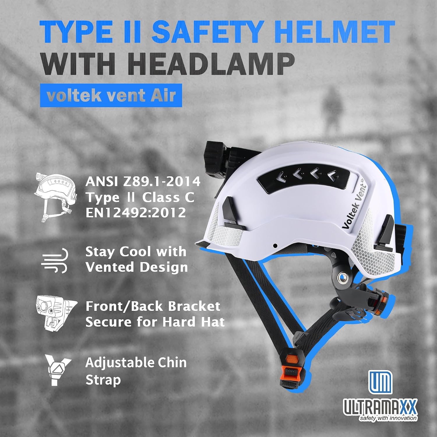 UM ULTRAMAXX Type II Hard Hat with Rechargeable Headlamp – ANSI Z89.1 Class C, Type 2 Hard Hat with Chin Strap, Front & Rear Hardhat Headlamp, for Construction Tree Work Storm Recovery(White)