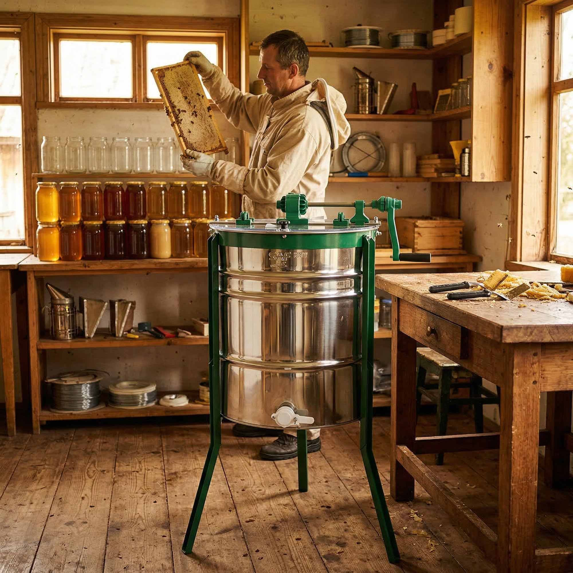SAF Natura extracteur à miel manuel radial | 9 cadres | cadre Dadant 1/2 | entraînement supérieur | acier inoxydable | matériel apicole | RITMO