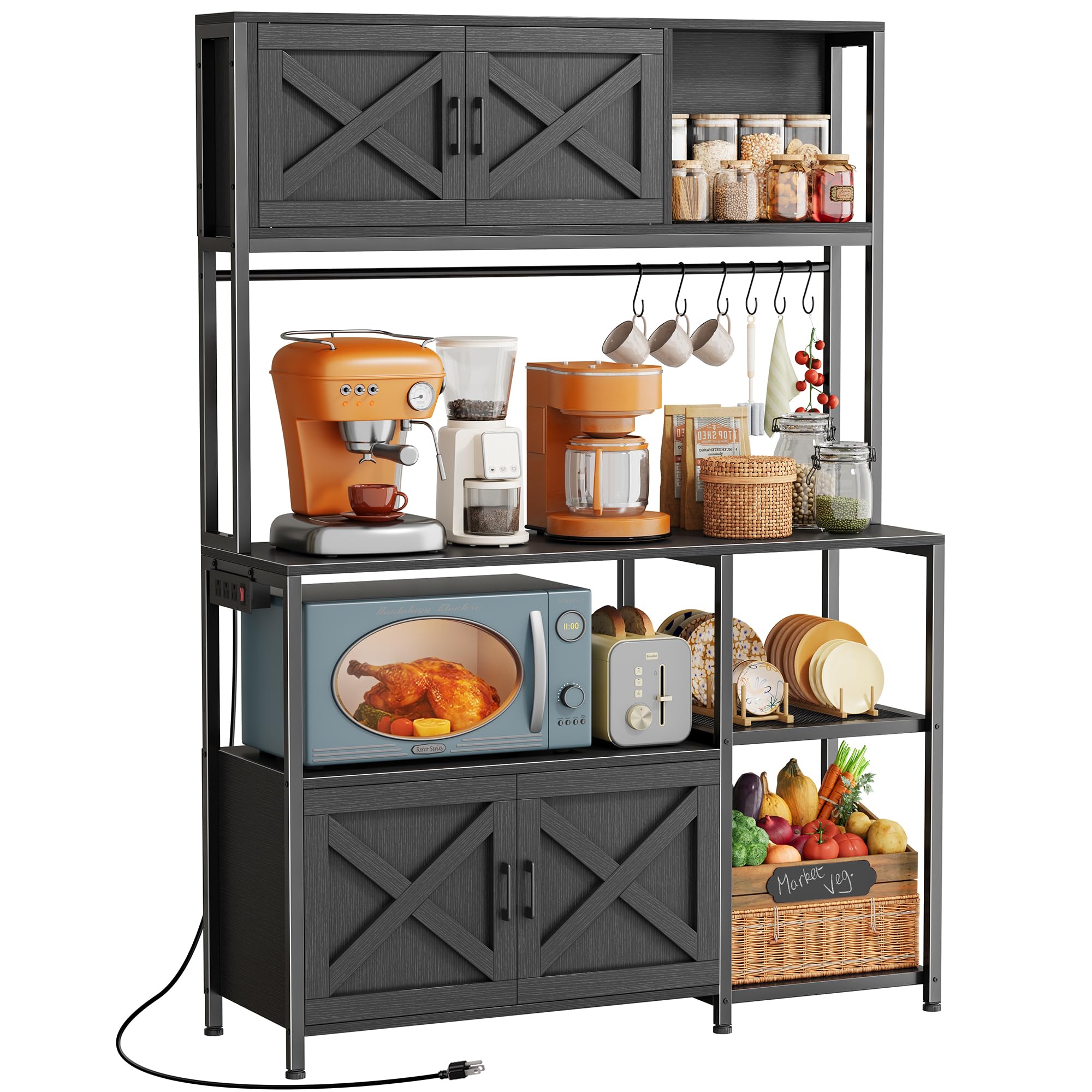 Condition photo showing Good Condition for huuger large bakers rack with power outlet, kitchen microwave stand with cabinets, coffee bar table station with storage, 6 s-shaped hooks, mesh shelves, 45 inch wooden top, black