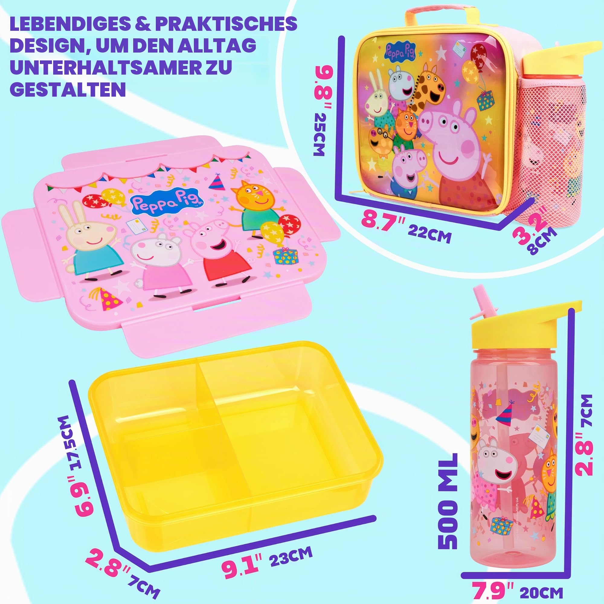 Get Trend Peppa Wutz Lunchtasche Kinder Set 3 Tlg. mit Trinkflasche, Lunchbox mit Fächern und Isolierte Snack Tasche, für Schule, Kita und Vorschule (Multi Peppa Pig)