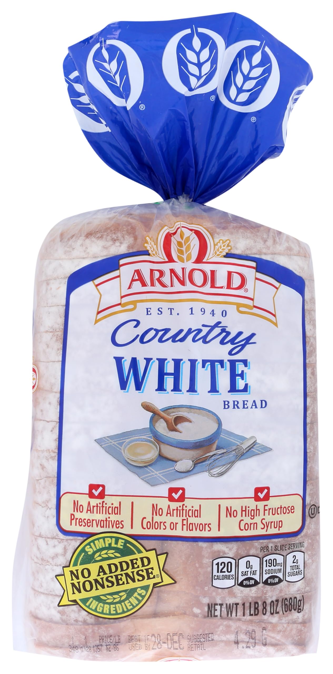 Arnold Country Style Plain Bread, White Bread, 24 oz Bag