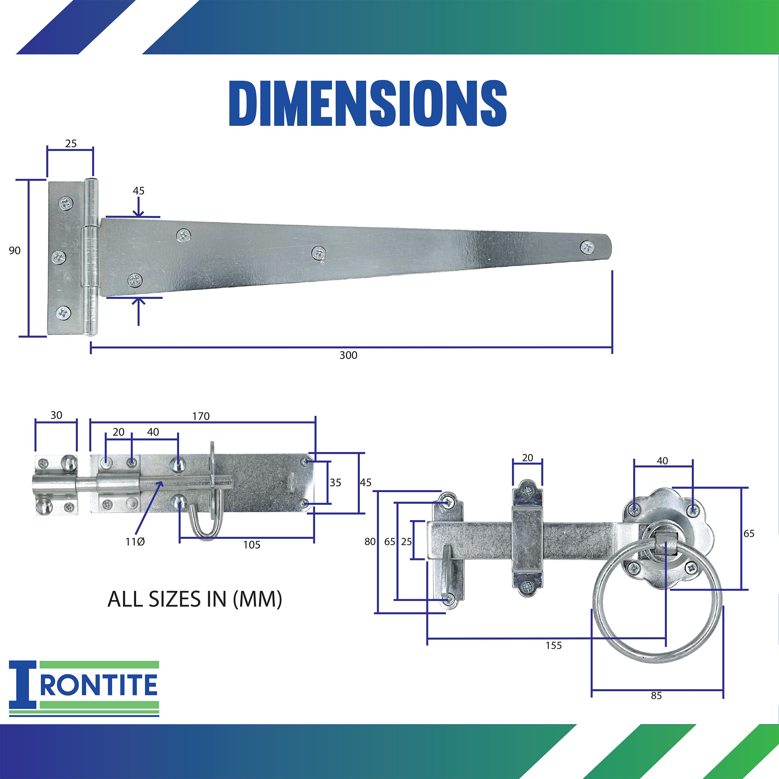 IRONTITE® Galvanised Gate Latch Kit with 300mm (12") T Hinges and Brenton Bolt. BZP Garden Gate Kit Includes Garden Gate Hinges for Wooden Gates Brenton Garden Gate Bolt - Image 3