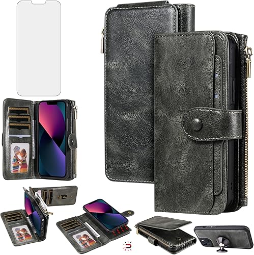 Asuwish Funda de teléfono para iPhone 13 Mini de 5.4 pulgadas con cremallera, protector de pantalla de vidrio templado y tarjetero para celular