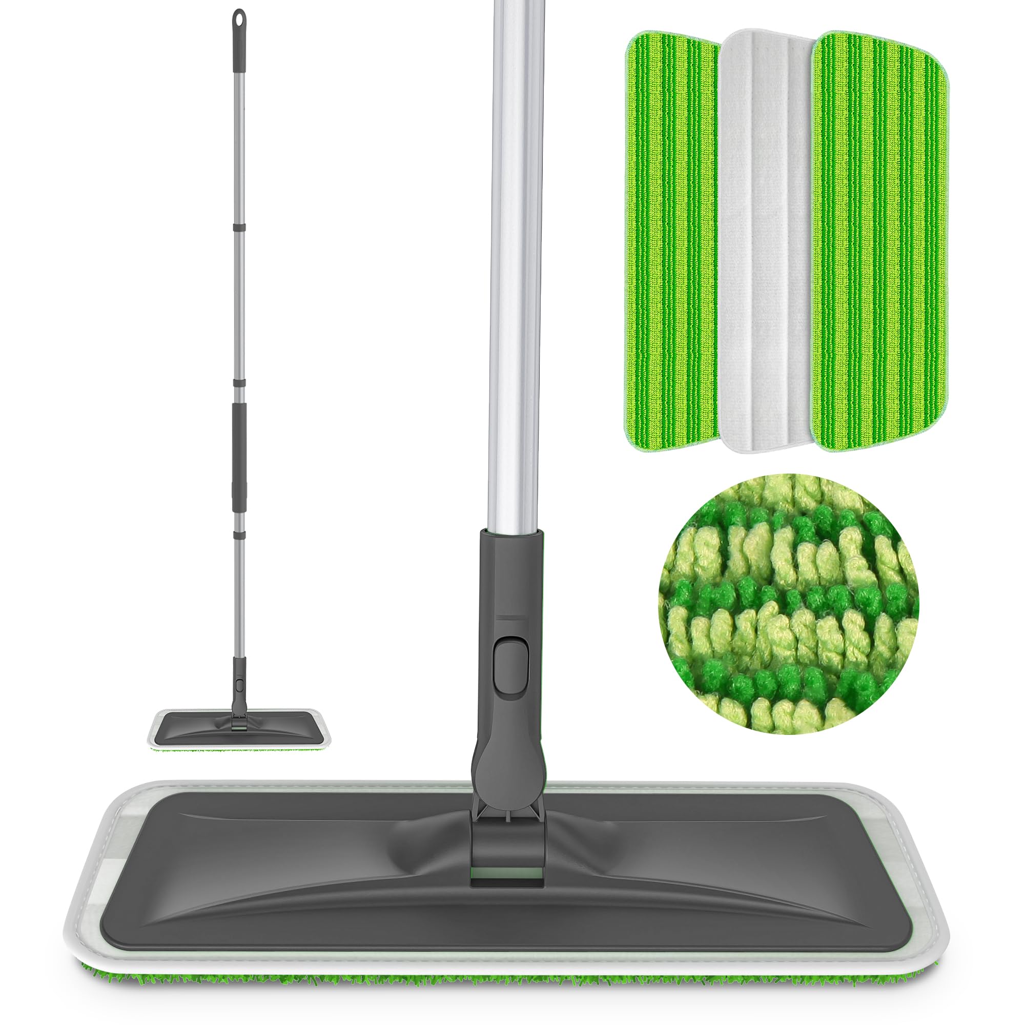 Microfibre Mops for Cleaning Floors - BPAWA Flat Floor Mop with 3 Reusable Washable Mop Pads and Adjustable Long Handle, Swivel Wet Dry Dust Mop for Hardwood Laminate Wood Tile Vinyl Wall Floors, Grey