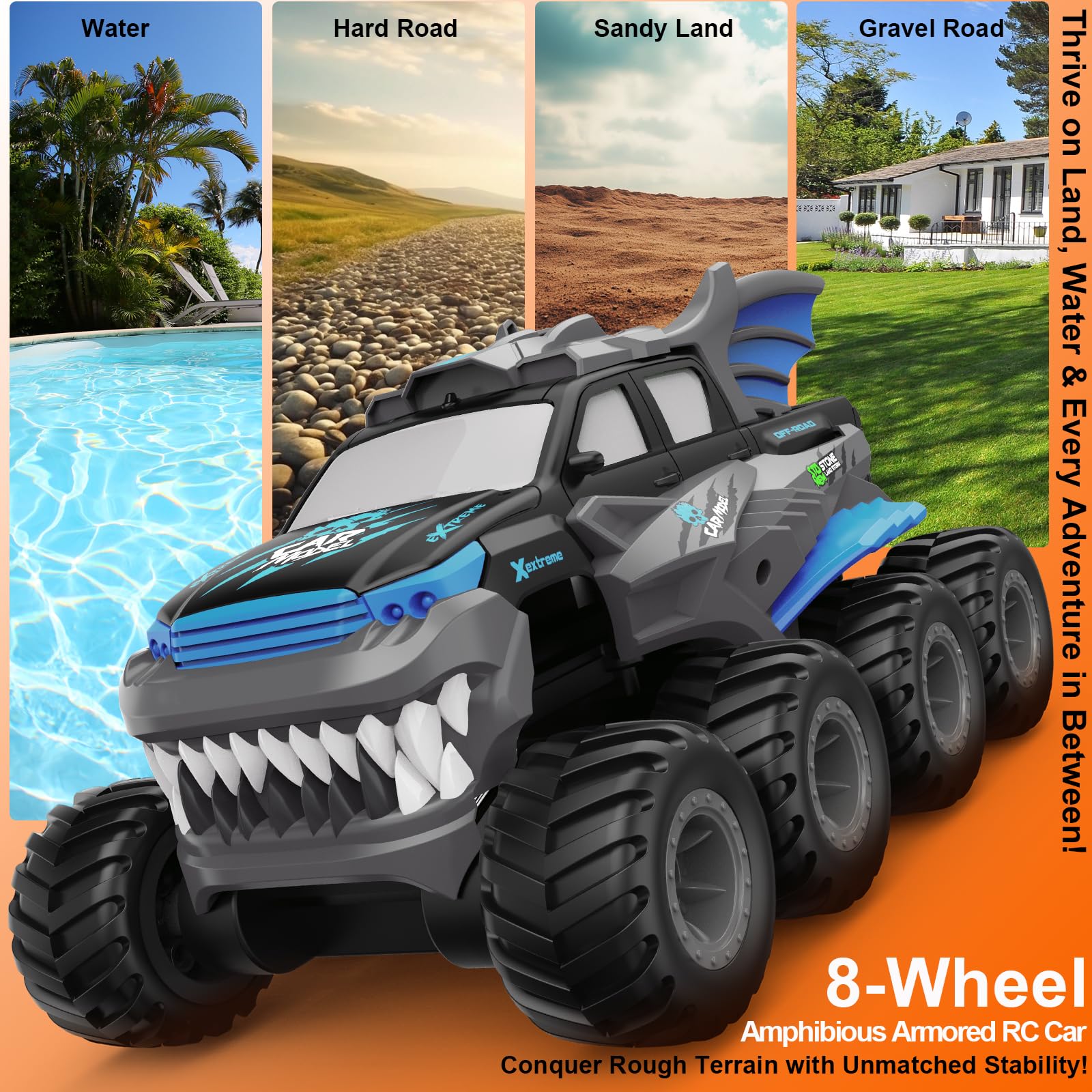 UFULMN Amphibious Remote Control Car 8WD RC Monster Truck with 2 Rechargeable Batteries for Boys Age 8-12 Offroad Waterproof RC Pickup All Terrain RC Drift Cars Beach Pool Toys Gifts for Kids Blue