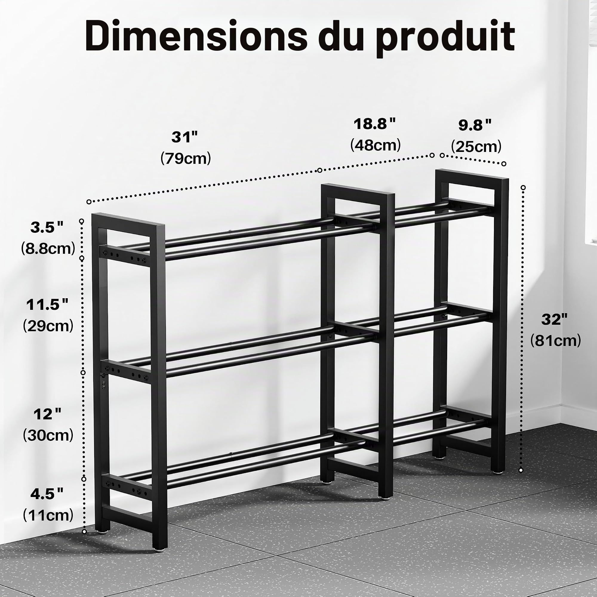 Support d'haltères à 3 niveaux de rangement pour haltères 127 cm de long pour salle de sport à domicile espacement réglable