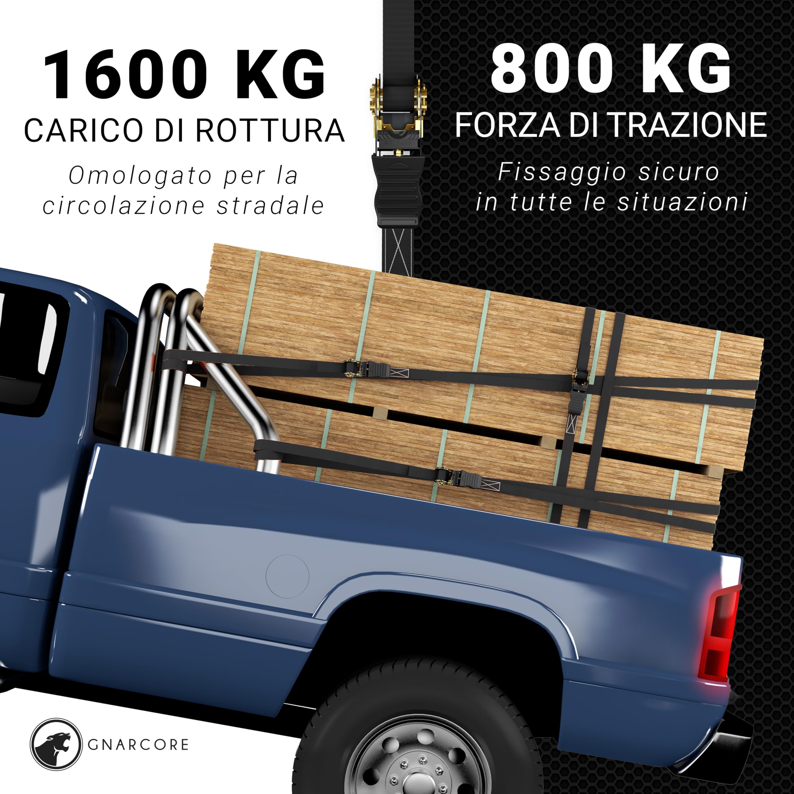 Cinghie di Fissaggio a Cricchetto Premium, Set da 4, Resistenza 800 Kg, Con Borse - Certificato DIN EN 12195-2