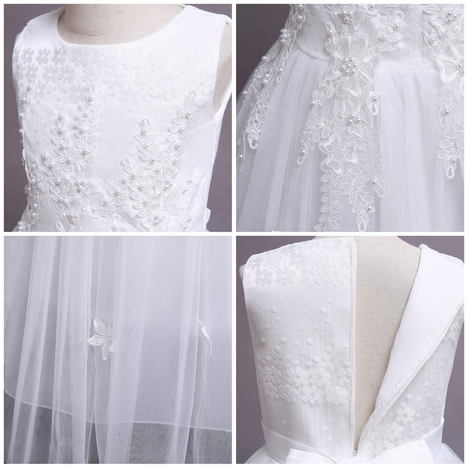 IWEMKE Enfants Filles Robe Mariage Tulle Dentelle Robe Princesse Longue Fleur Brodée Soirée Demoiselle d'honneur Robe Tutu sans Manches pour Pageant Baptême Fête Anniversaire Carnaval 3-12 Ans