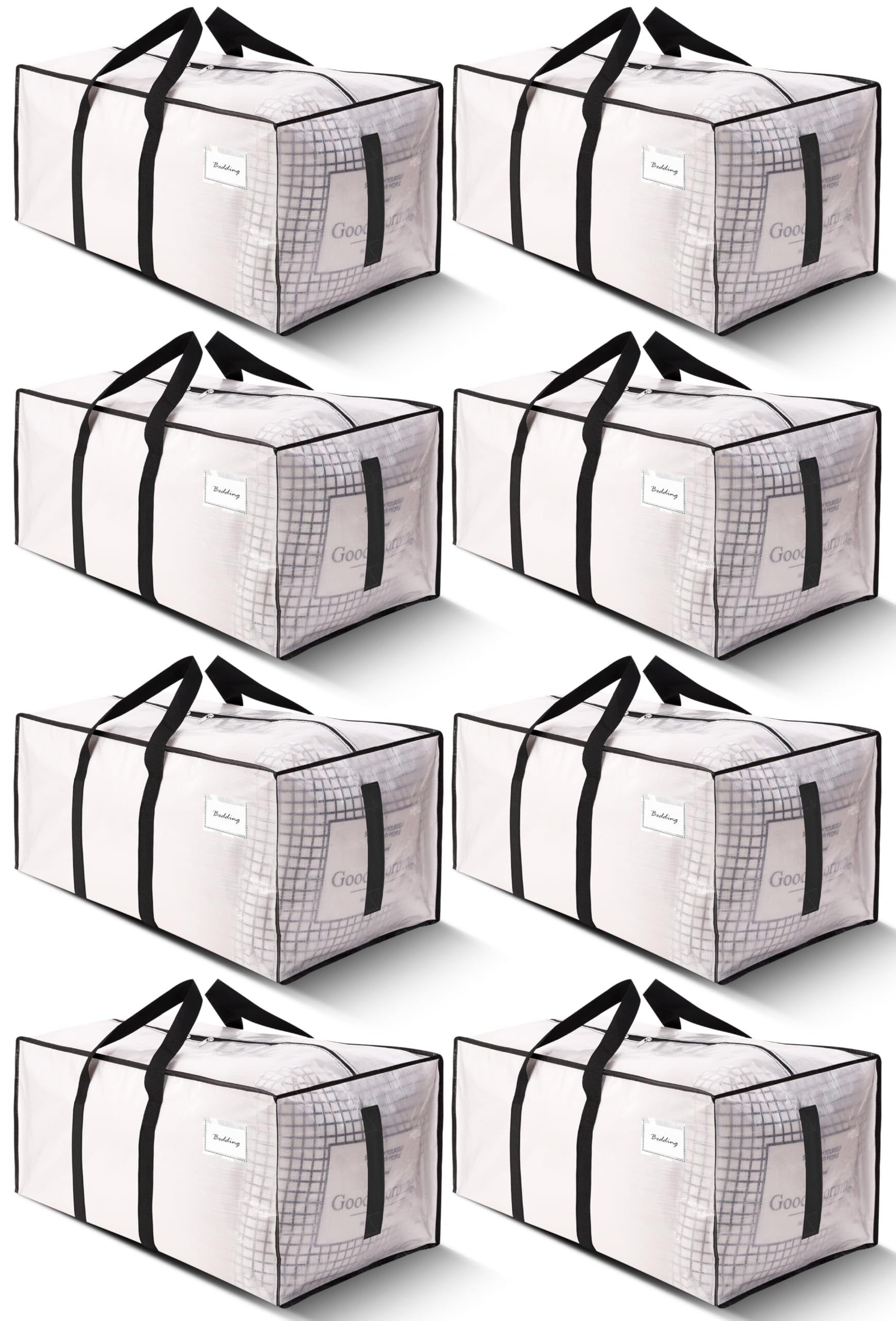 HOMESURE 8 Pack Large Strong Moving Bags with Zippers & Carrying Handles - Water-Resistant - Heavy Duty Storage Tote for Space Saving, Fold Flat, Alternative to Moving Box (Semi-Transparent)