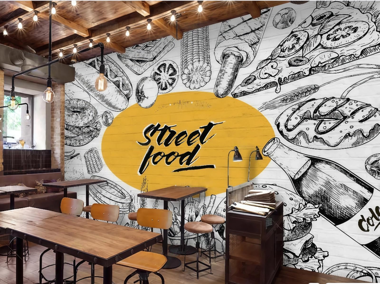 rskjdghshd Wallpaper Hand-Painted White Wall Illustration Graffiti Gourmet Pizza Bakery Western Restaurant Background Wall Mural Afternoon Tea Coffee Shop Wallpaper,3D,250x175cm