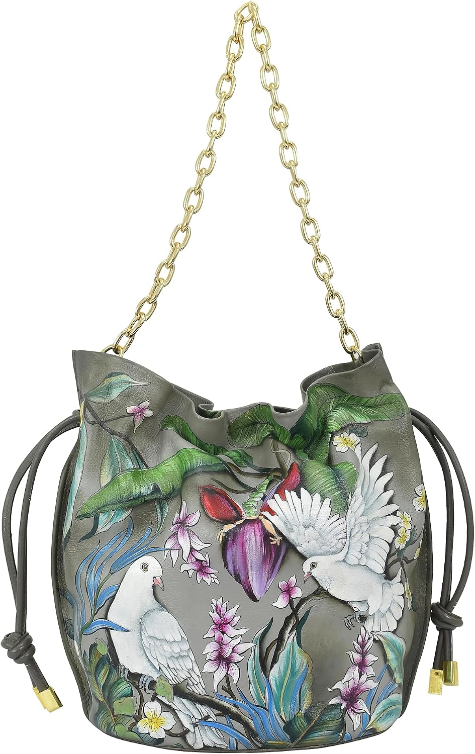 Anuschka Women’s Leather Bucket Bag – Hand-Painted Genuine Leather Handbag with Removable Strap - 723, Bucket Bag