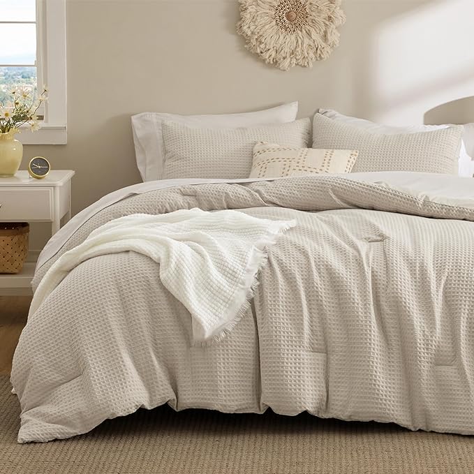 Bedsure Waffle Comforter Set King, Soft and Breathable Linen Bedding Comforter Set, 3 Pieces, 1 Waffle Weave Comforter (104"x90") and 2 Pillowcases (20"x36")