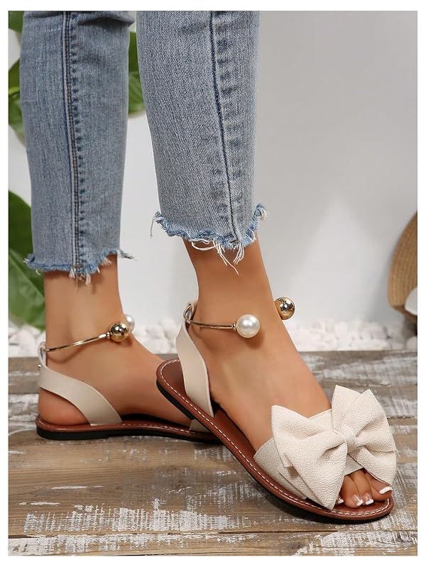 WDIRARA Women's Bow Flat Sandals Metallic Ankle Strap Open Toe Slide Sandal by WDIRARA - Used condition - Image 4