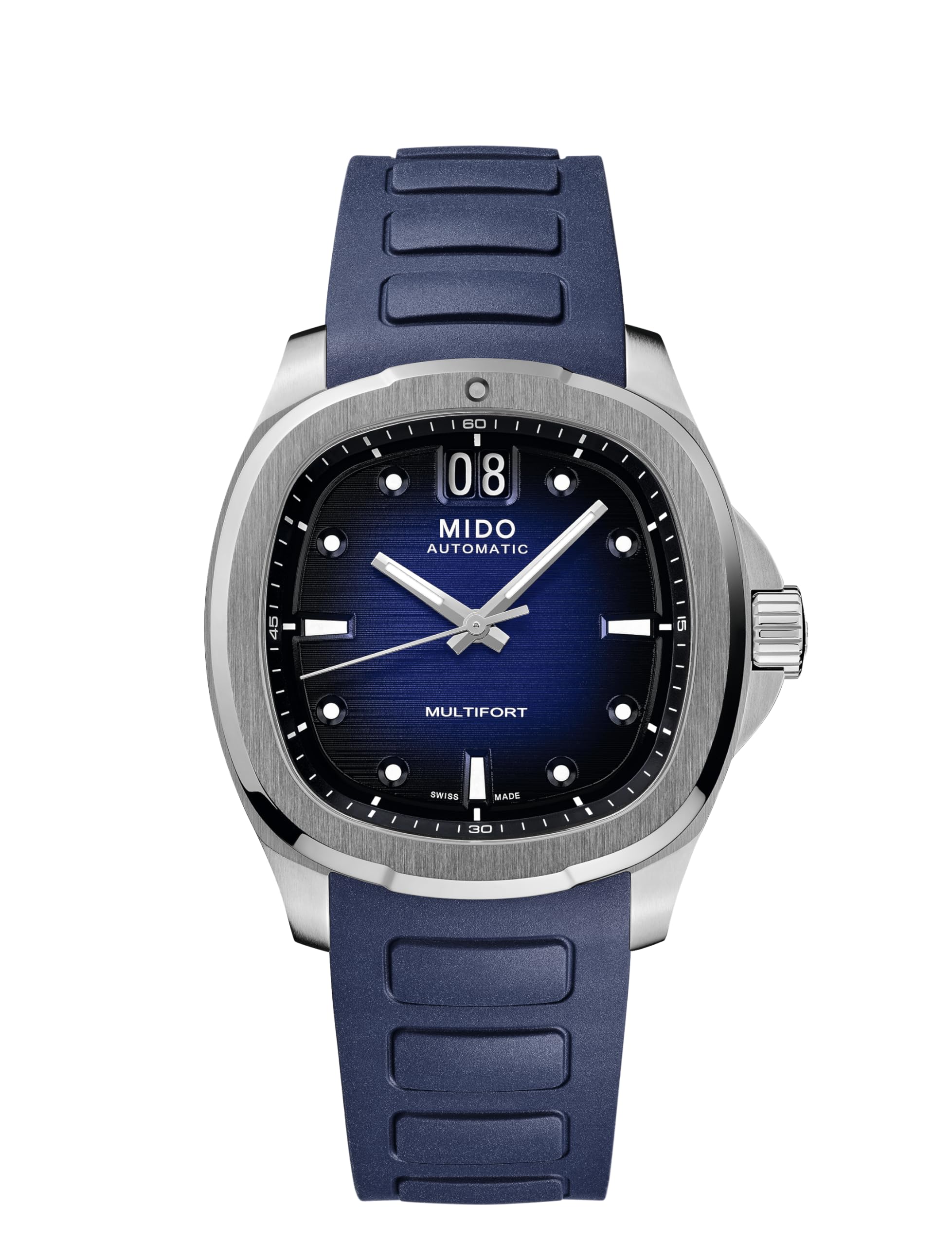 Multifort TV Big Date - Swiss Automatic Watch for Men - Stainless Steel, 40mm Case, Blue on Blue Rubber, Modern