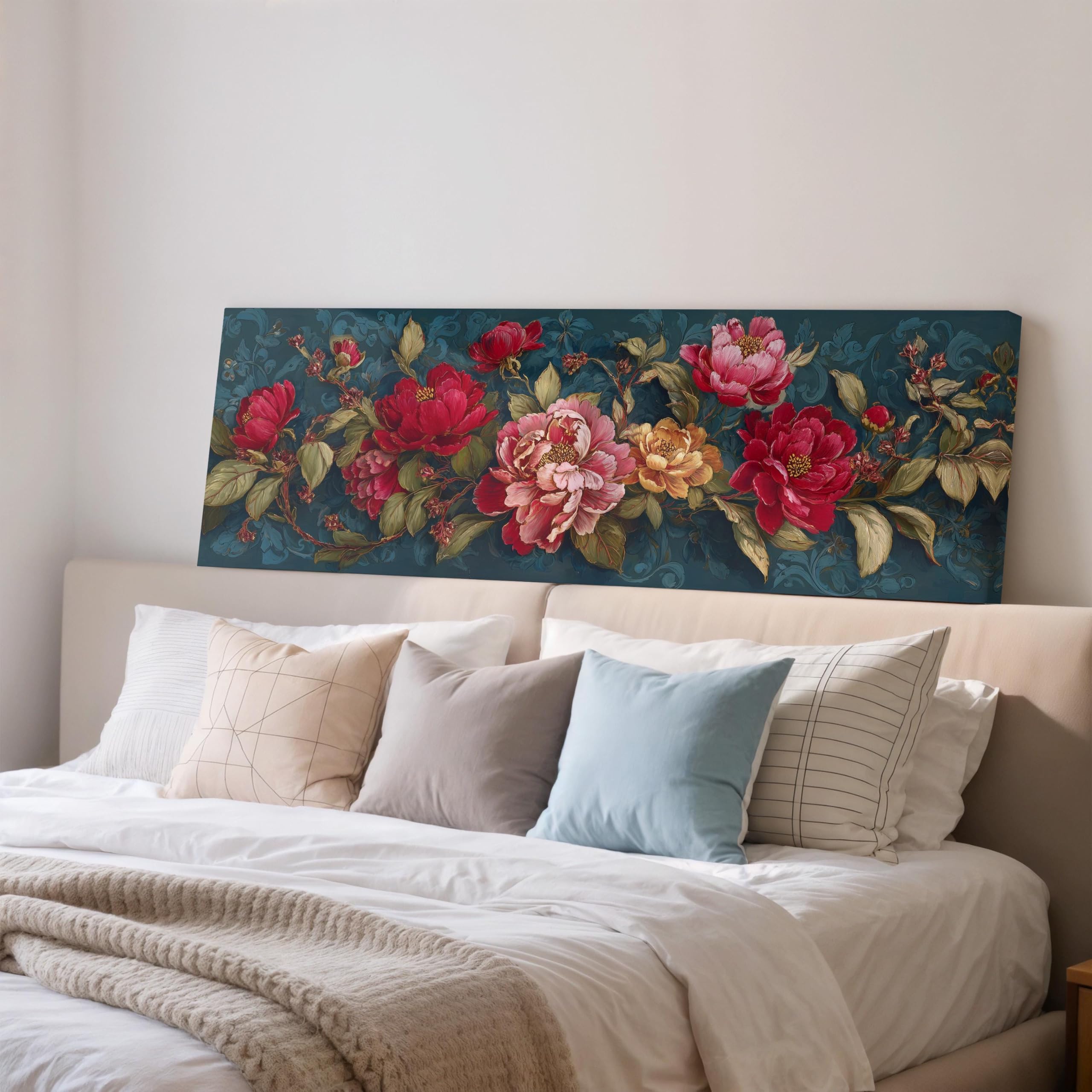 XBTYKPB Chinoiserie Floral Wall Art, Long Narrow Canvas Print, Wide Panoramic Decor, Large size Asian Peony, Bedroom Art Posters(55x110cm/Frameless)