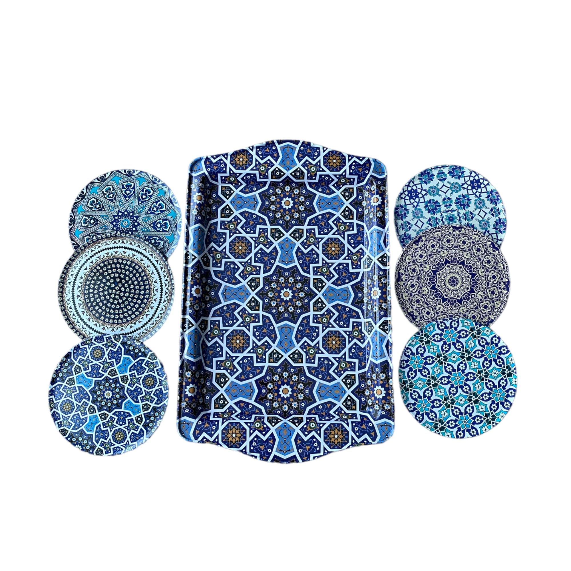 Decorative Metal Tray and Coaster Set by The Baker Celebrations - Turkish Tray (9.8x6.3in) and 6 Round Coasters (3.5in) - Handcrafted, Perfect for Serving Tea/Coffee or Housewarming (Bosphorus)