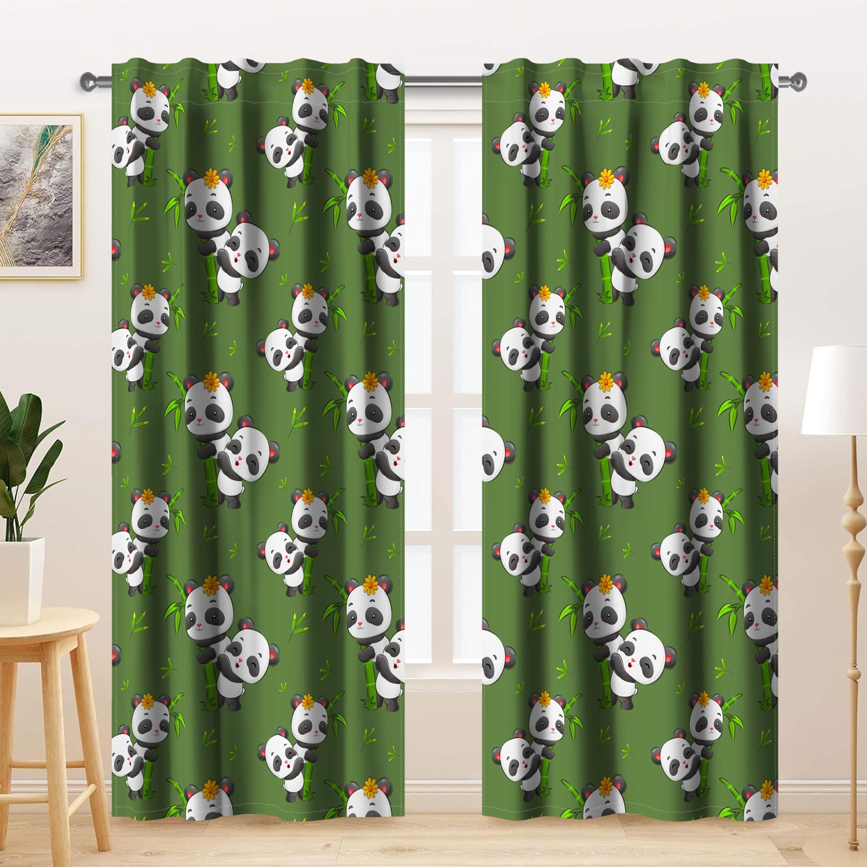 Kzzfqxb 107x215cm Kids Curtains 2 Panels, Lovely Happy Smiling Baby Pandas in Green Bamboo Forest Window Drapes, Cute Cartoon Decor for Children Girls Boys Bedroom Nursery Living Room — image 1