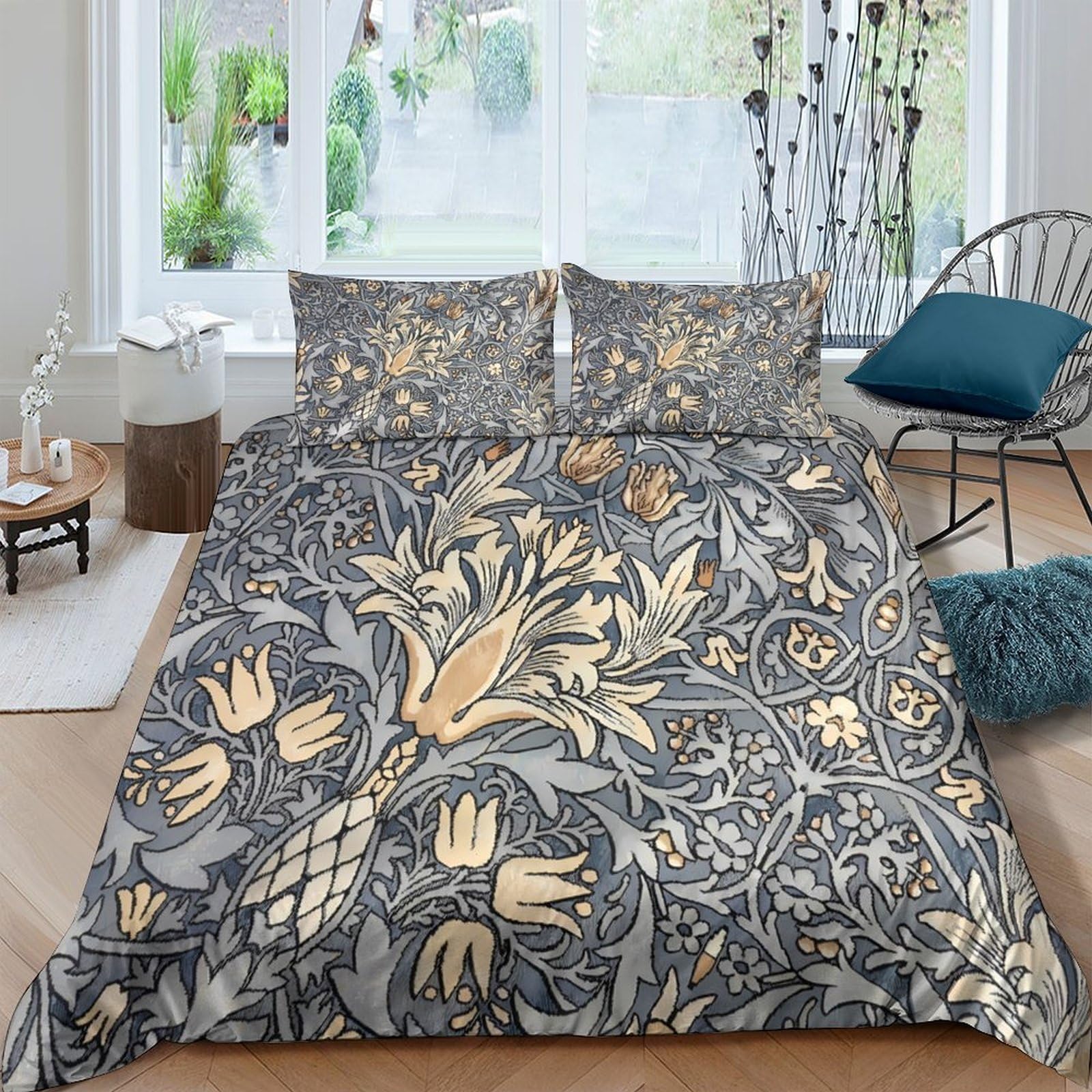 TUFRTGYHN 3D Printed Vintage Floral Duvet Cover Set Microfiber Soft Breathable Baroque Botanical Bedding with 2 Pillowcases for Bedroom Decor Single（135x200cm）