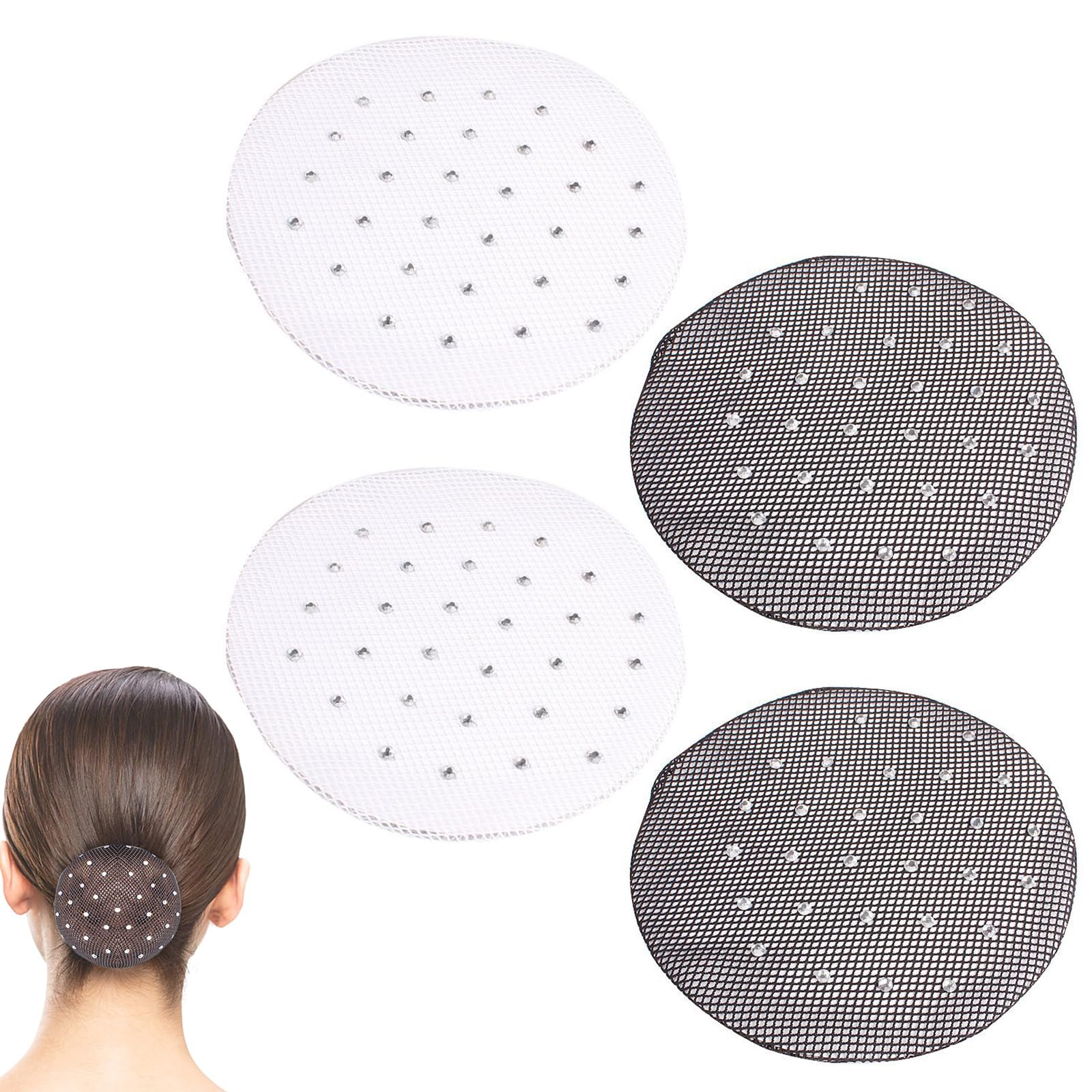 Aililong 4 Pezzi Hairnet Bun - 2 Nero + 2 Bianco con Strass, Elastico, per Balletto