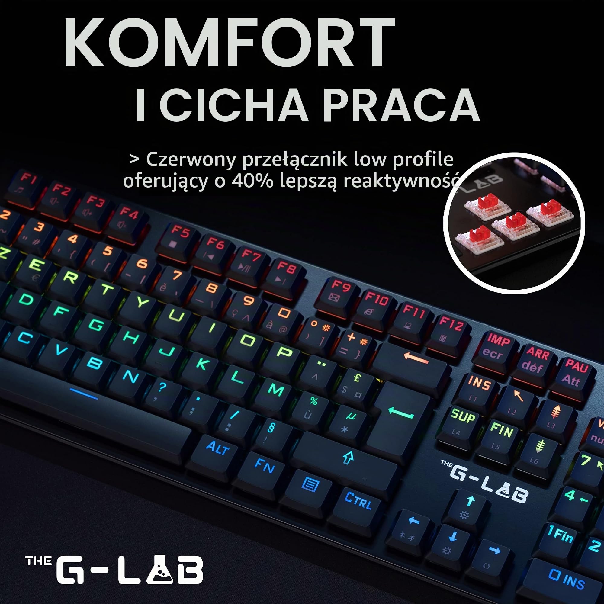 The G-Lab Keyz Platinum Mechaniczna Klawiatura Gamer AZERTY FR Red Switch Low Profile - 100% Klawiatura do gier RGB z możliwością personalizacji, Total Anti-Ghosting - PC/PS4/PS5/Xbox - Nowy 2022, Czarny