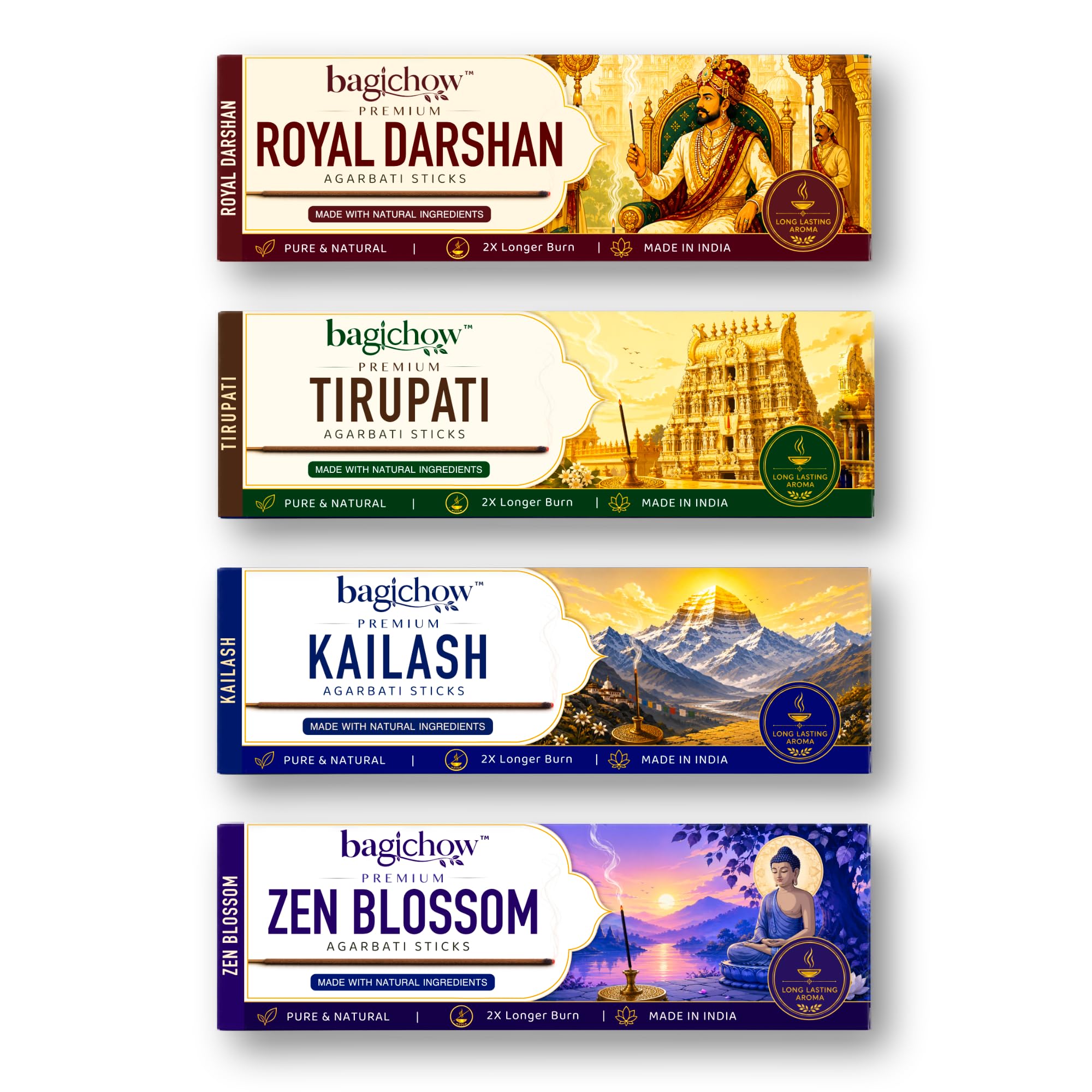 Premium Agarbatti Sticks Combo Pack | 100% Charcoal-Free Formula | Tirupati, Zen Blossom, Royal Darshan & Kailash | Long-Lasting Incense Sticks | 88 Sticks | 220g-image-25