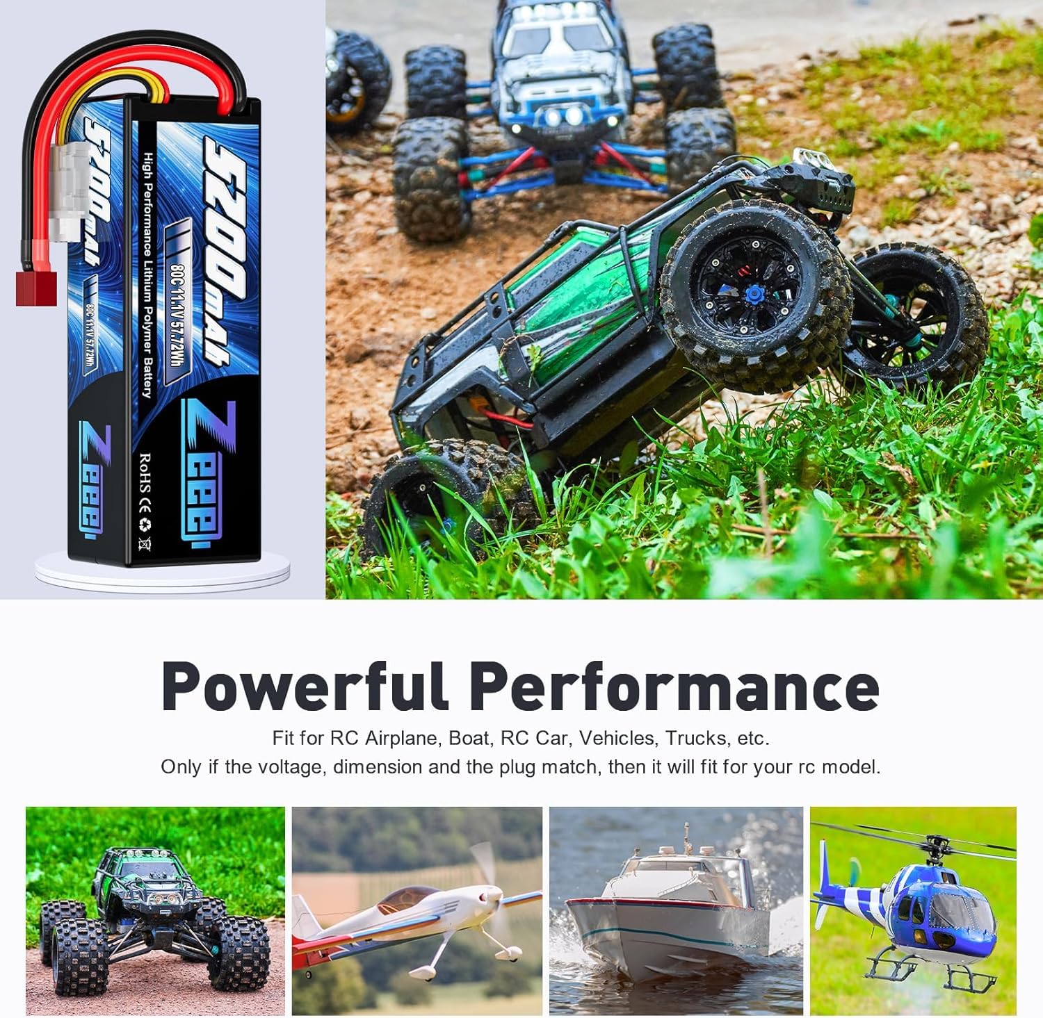 Zeee 3S LiPo RC Akumulator 11.1V 80C 5200mAh twarda obudowa ze złączem Deans T do RC Samochodów, RC Samolotów, RC Helikopterów, RC Hobby