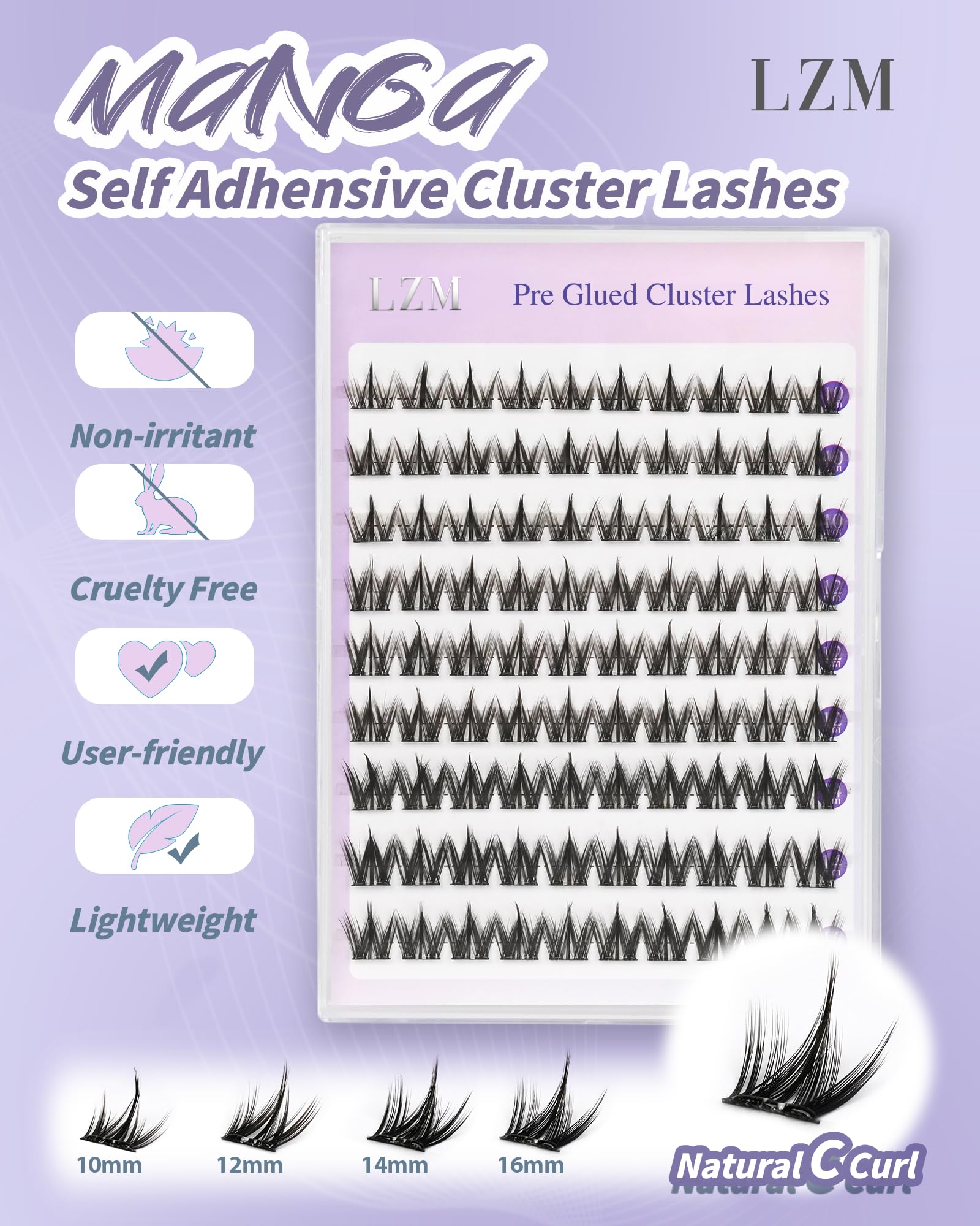 LZM Wstępnie przyklejone rzęsy klastrowe manga - C Curl 10-16 mm, wstępnie przyklejone rzęsy z pęsetą, lekkie, kolczaste, pojedyncze rzęsy, łatwe i szybkie w noszeniu, zestaw samoprzylepnych rzęs (QX)