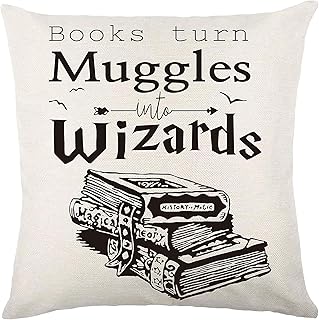 Funny Quotes Books Turn Muggles Into Wizards Throw Pillow Case，18X18 Inch College Dormitory Decor Linen Cushion Cover，Gift for Classmate Book Lover, Book Club Gift for Sofa Car Bedroom
