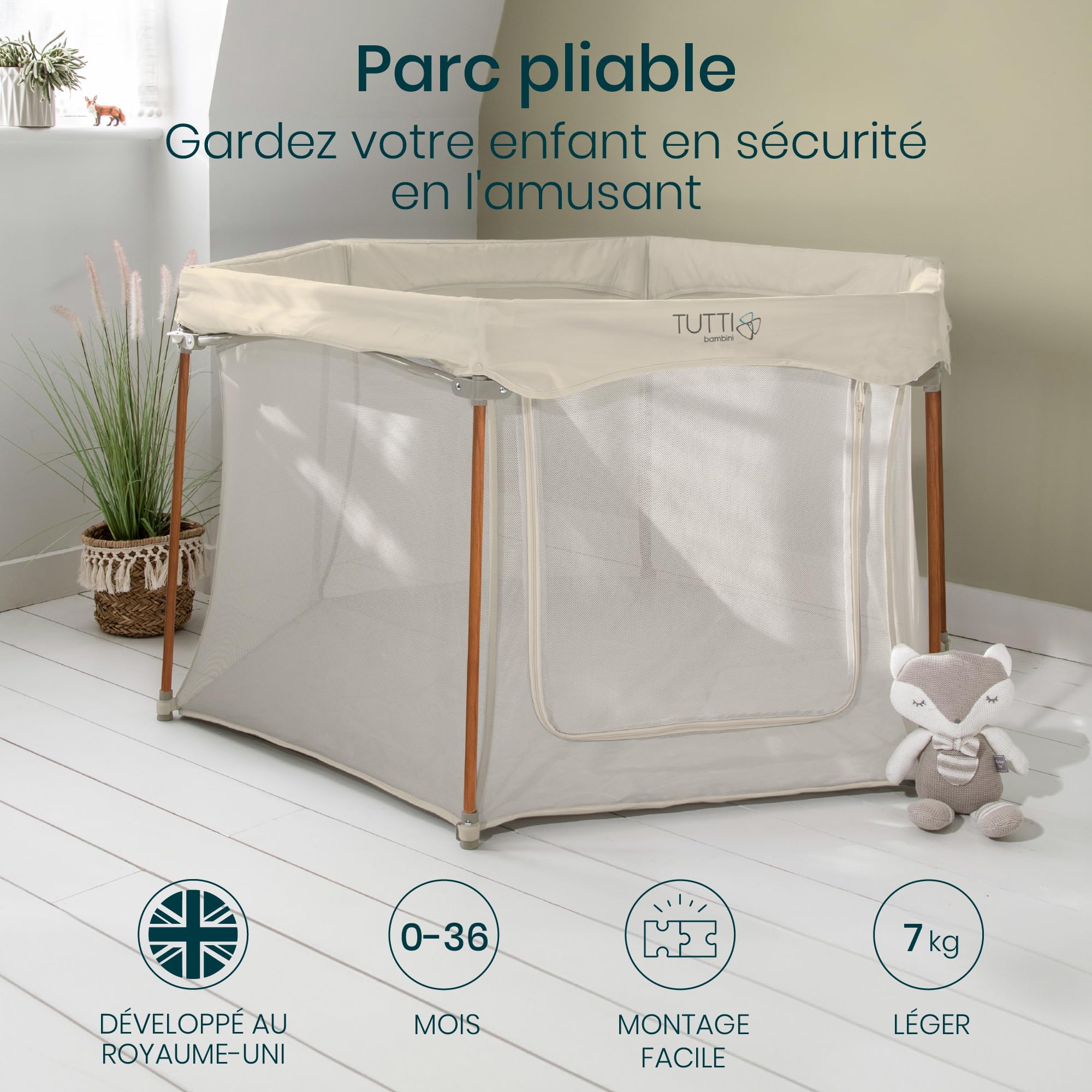 Tutti Bambini Parc Bebe Pliable - Parc Enfant & Tout-petits - Parois en Maille & Porte Zippée - Tapis de Sol & Sac de Transport - 135 x 135 x 75 cm (Écru)